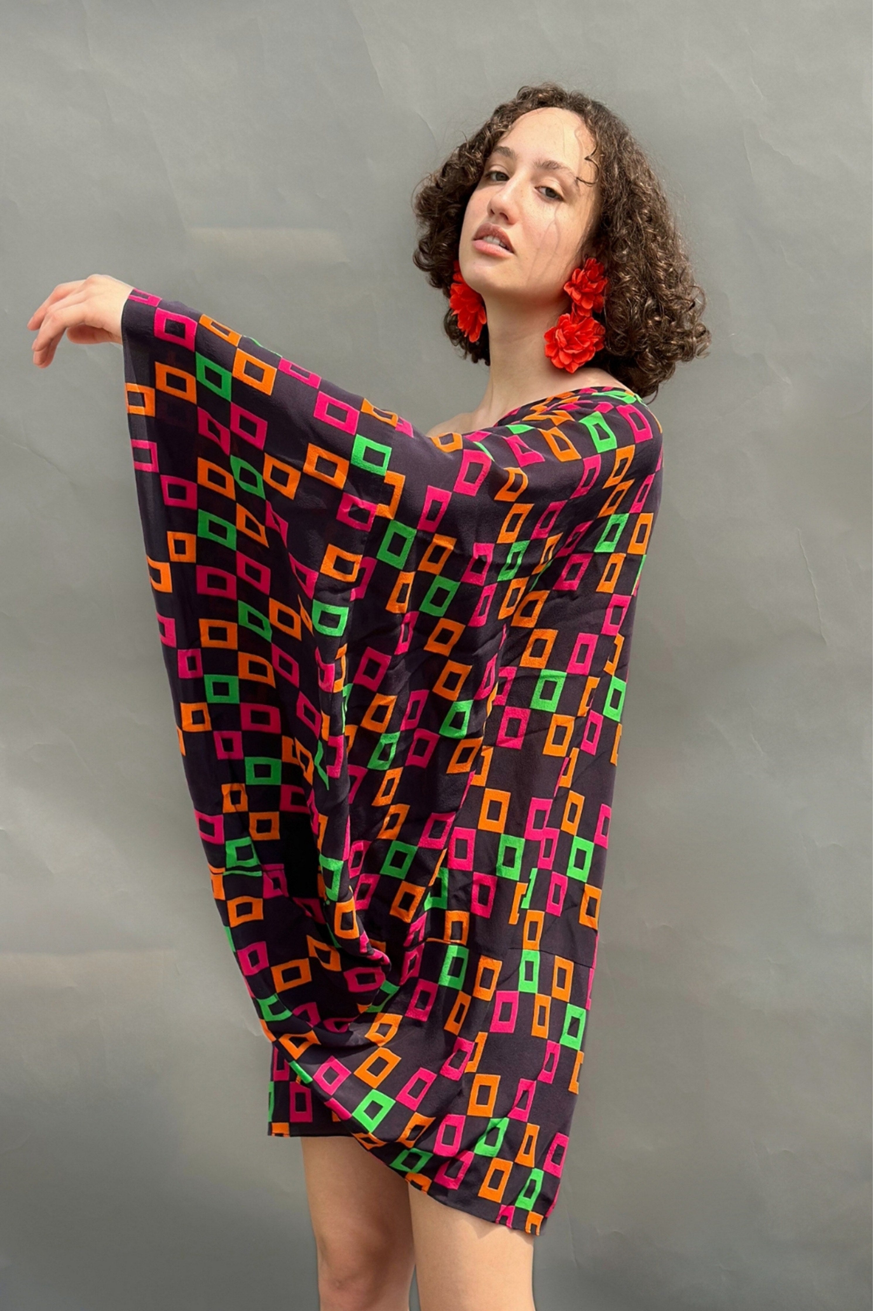 Digital Print Cowl Sleeve Dress