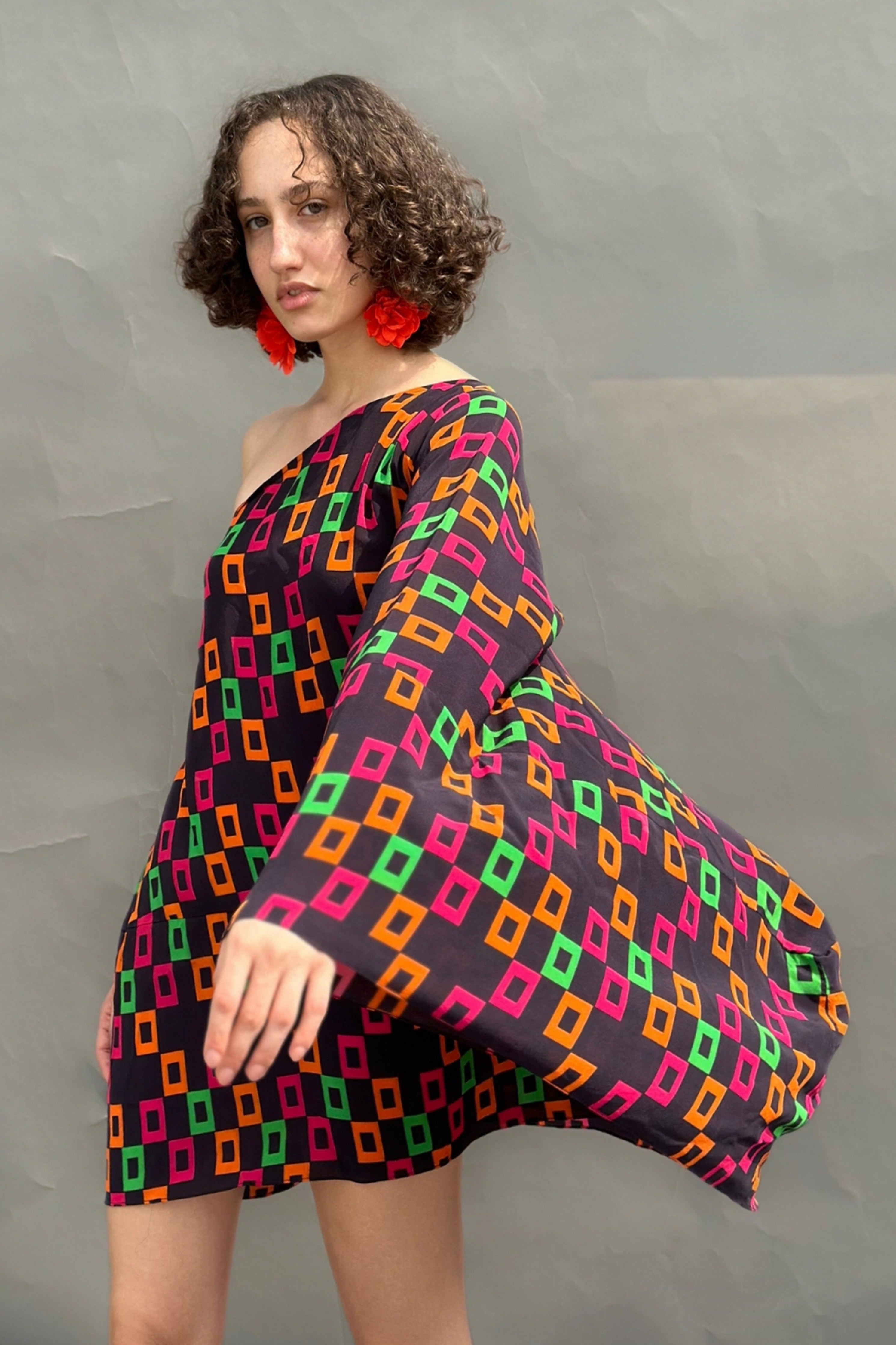 Digital Print Cowl Sleeve Dress