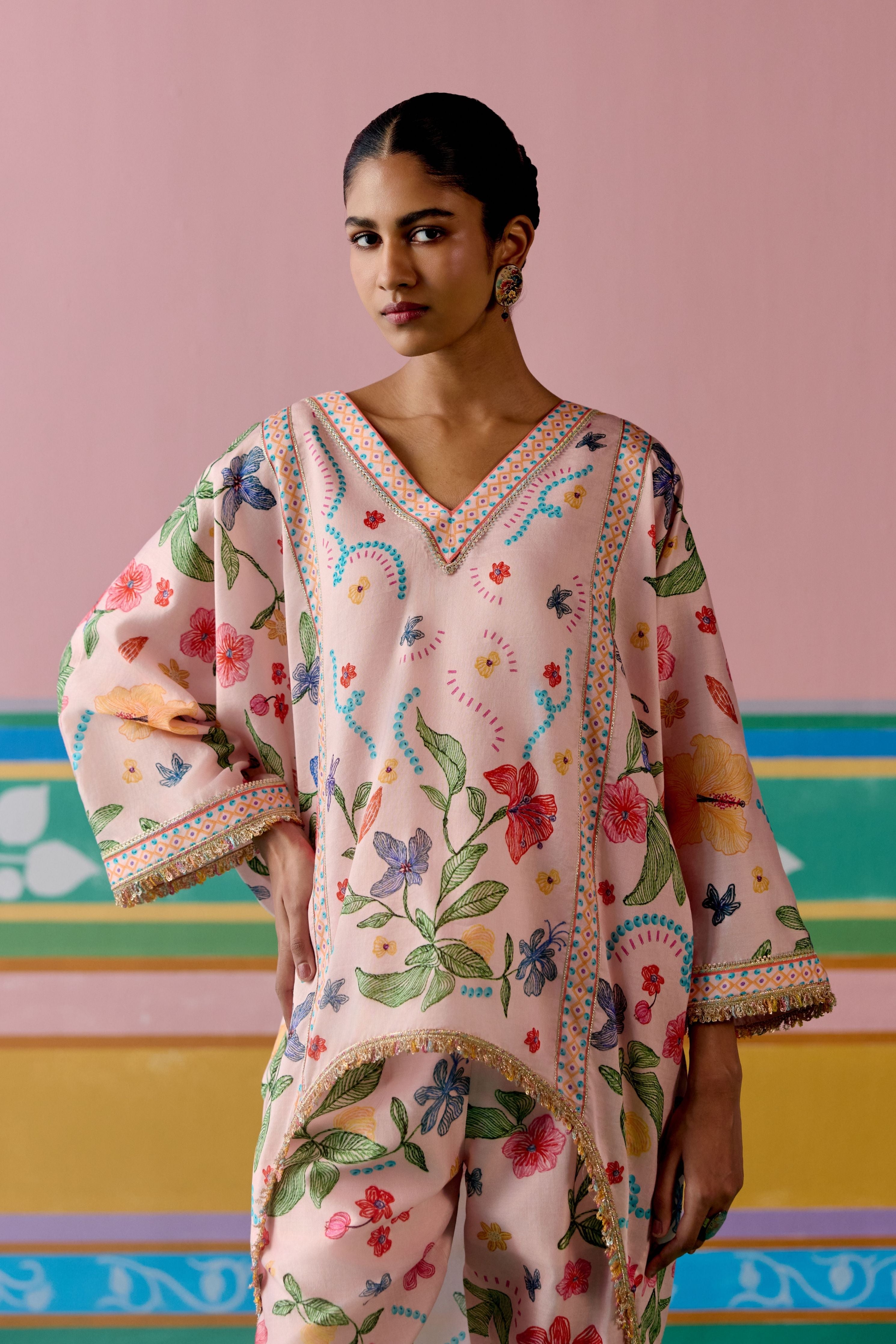 Dusty Pink Floral Short Kaftan Set