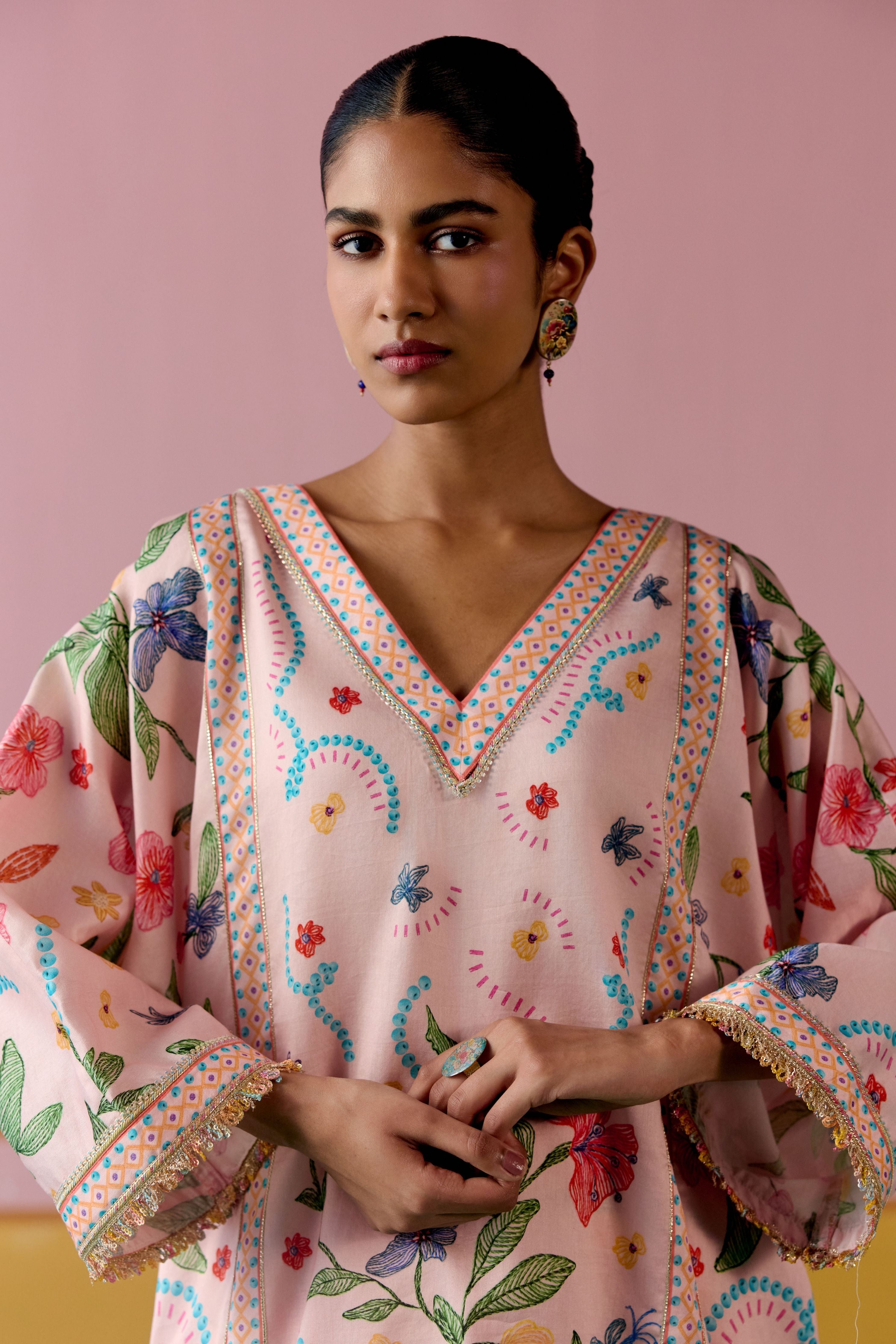 Dusty Pink Floral Short Kaftan Set