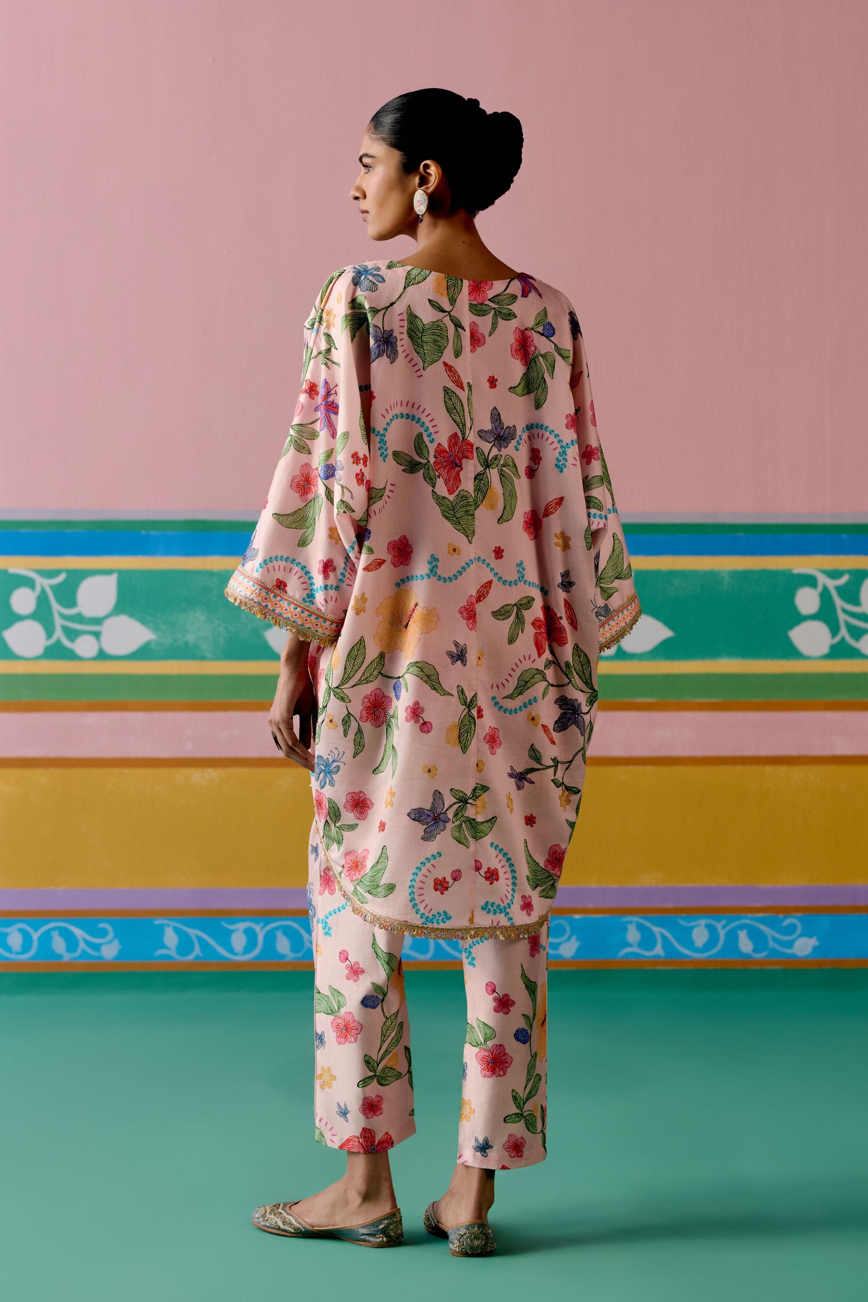 Dusty Pink Floral Short Kaftan Set