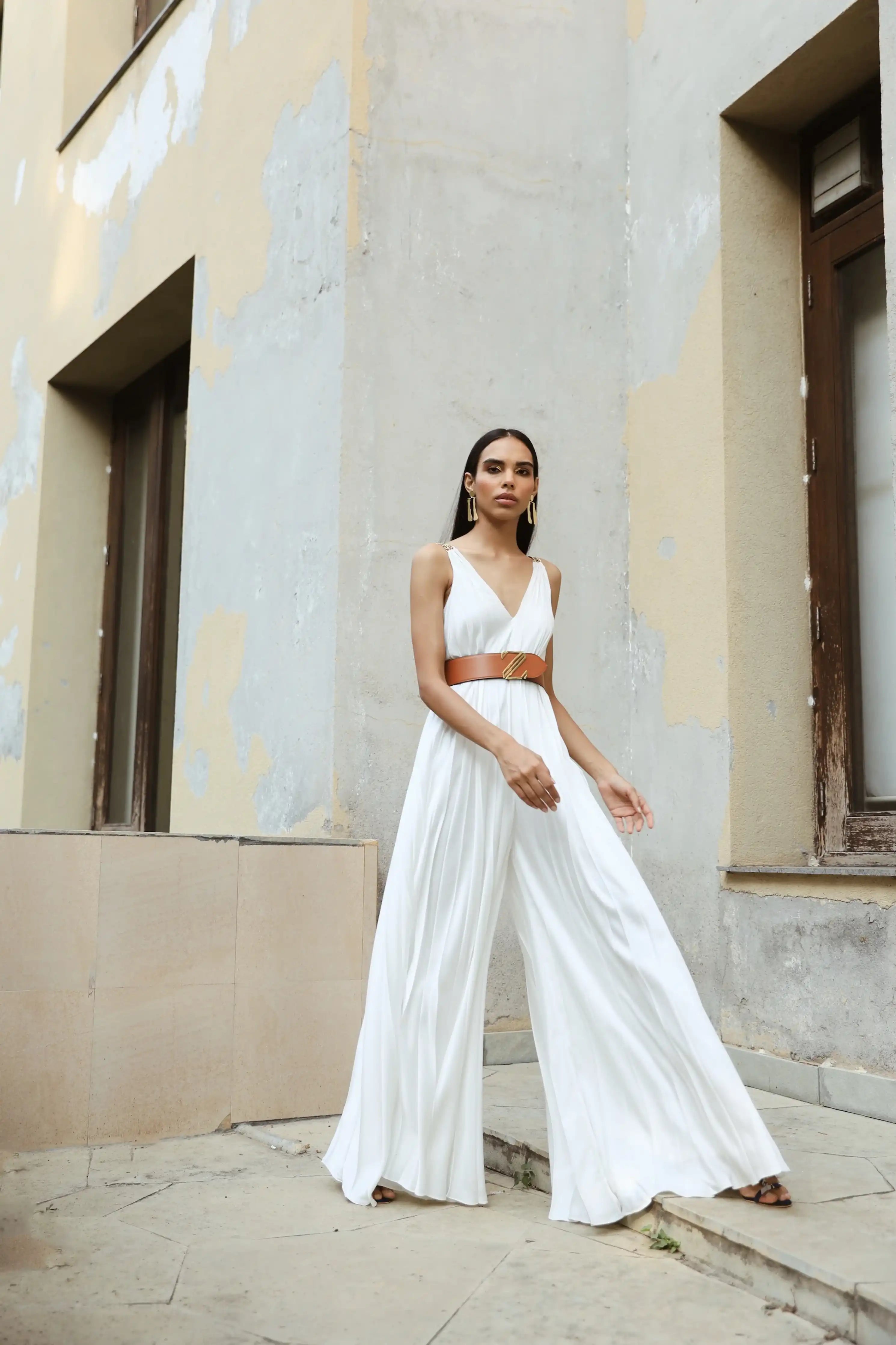 White Flowy Pleated Jumpsuit