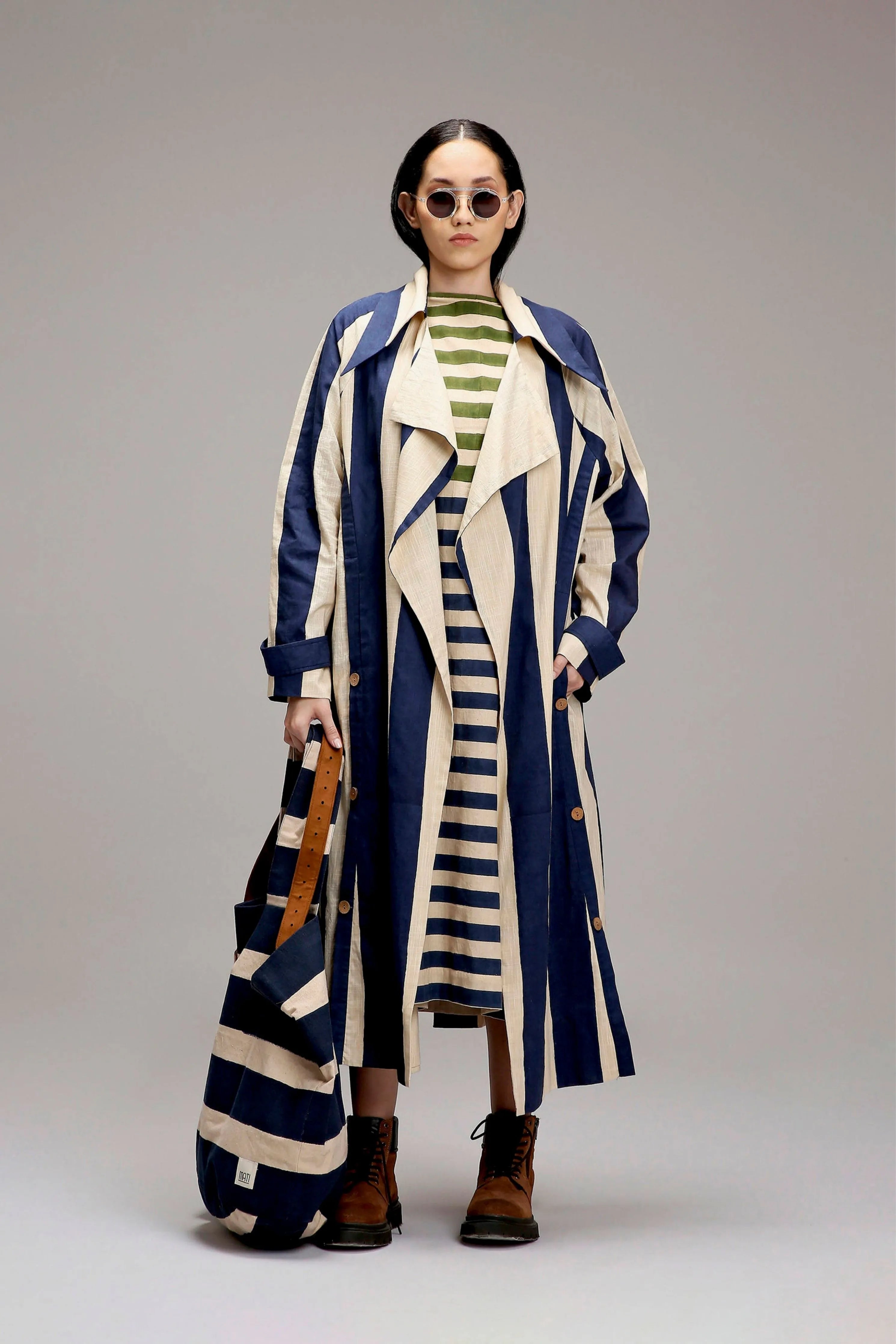 Egg-Shell Blue & Green Dual Stripe Dress Jacket Set