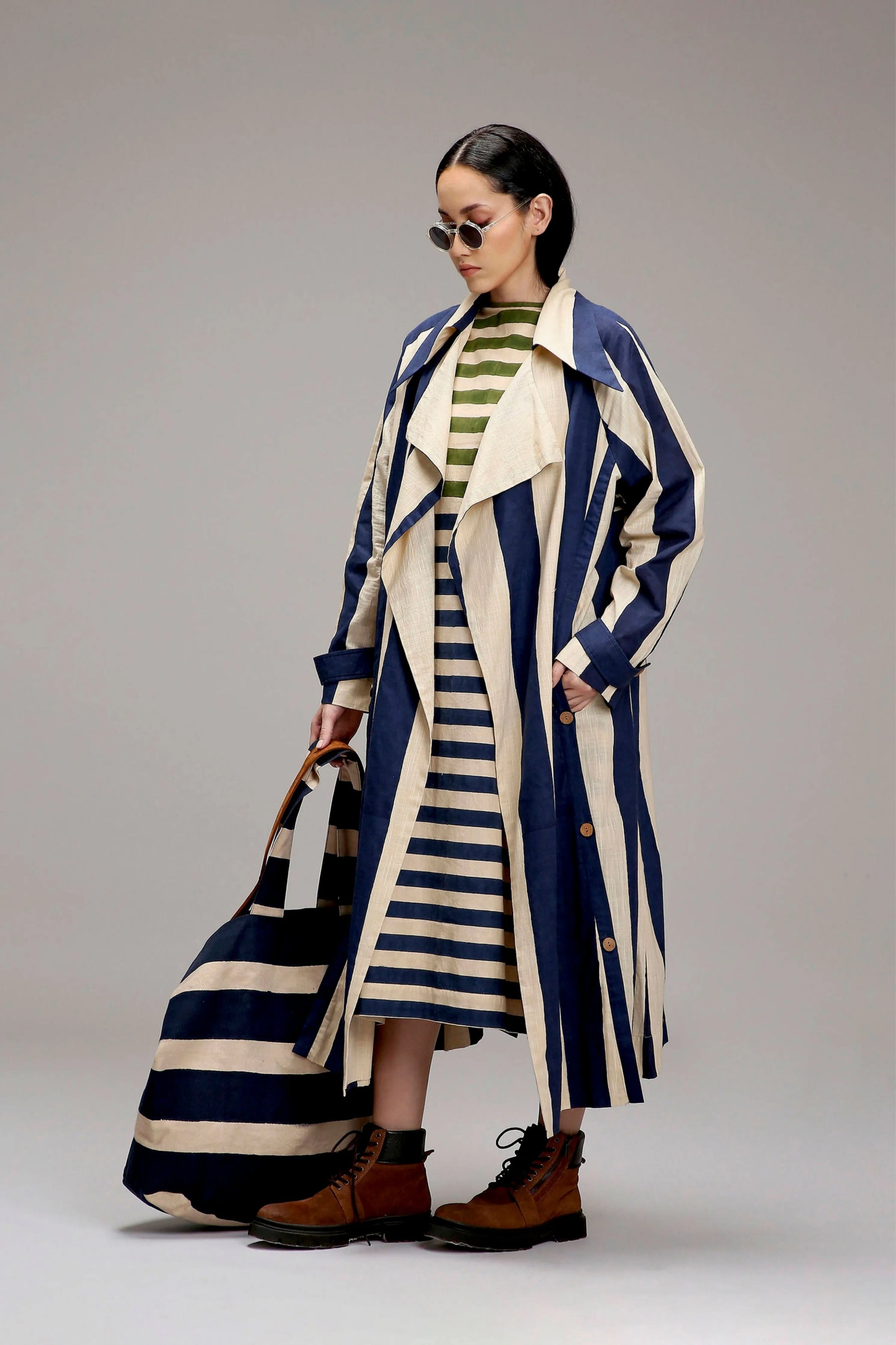 Egg-Shell Blue & Green Dual Stripe Dress Jacket Set