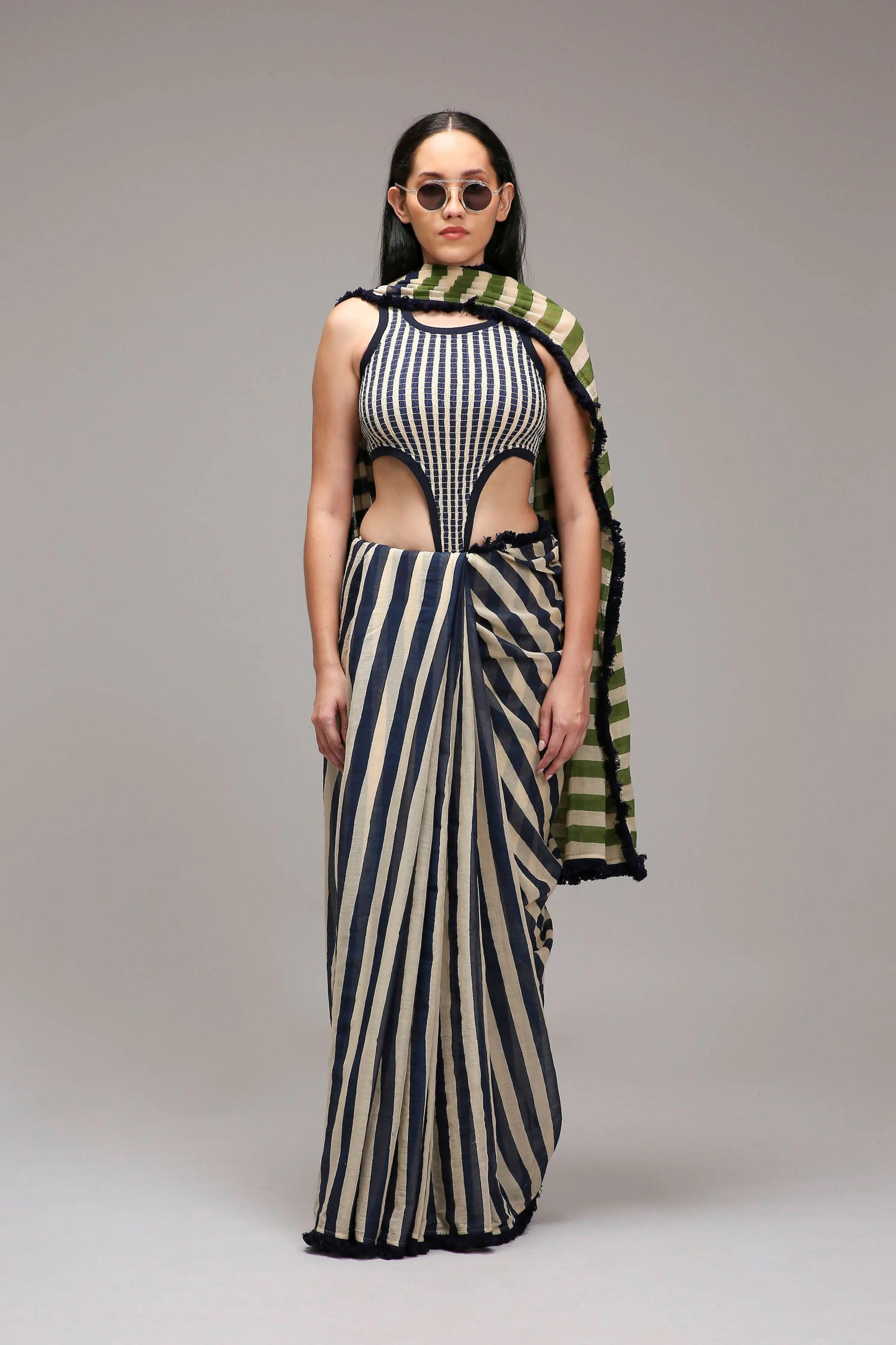 Egg-Shell Bodysuit & Dual Striped Saree Set