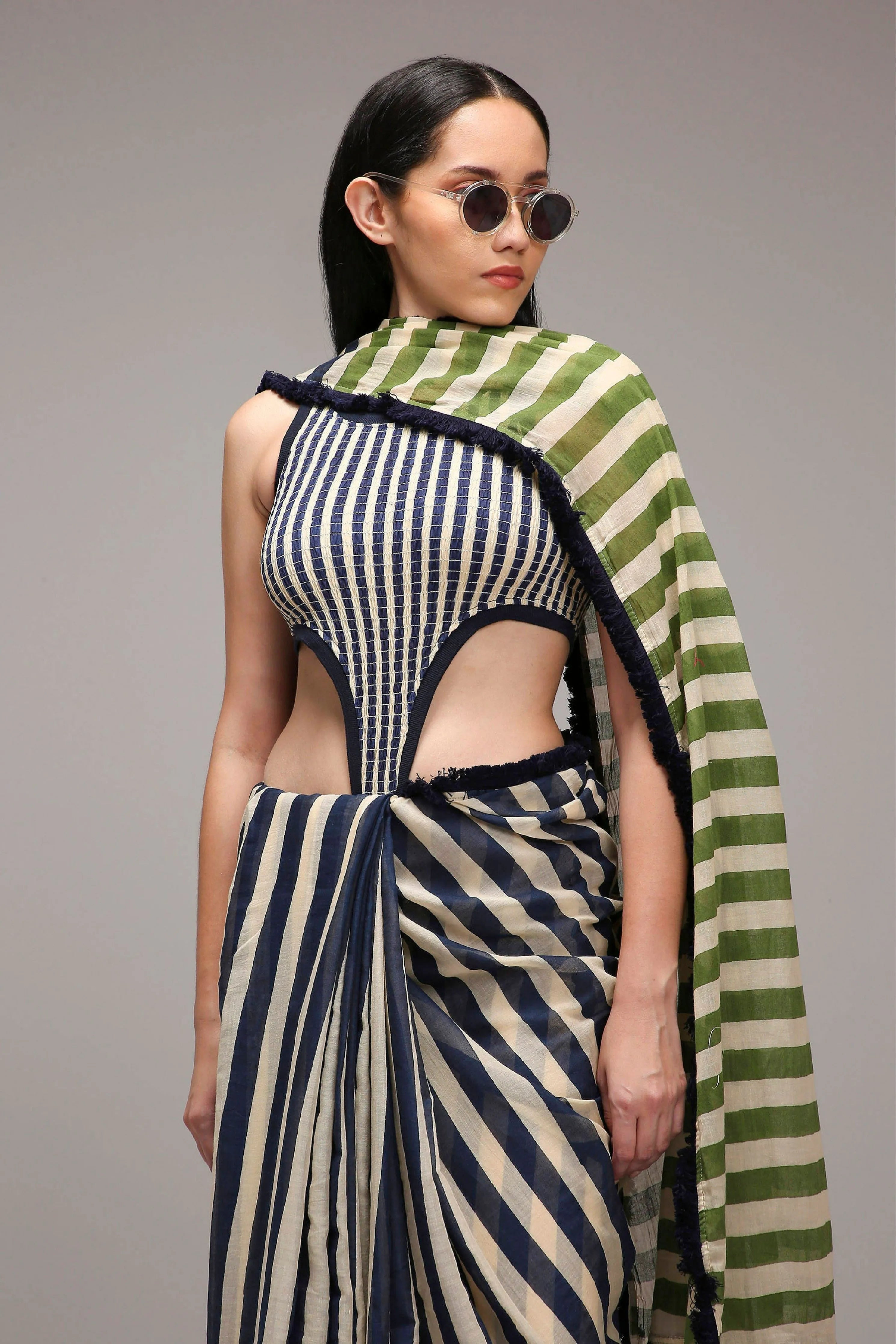 Egg-Shell Bodysuit & Dual Striped Saree Set