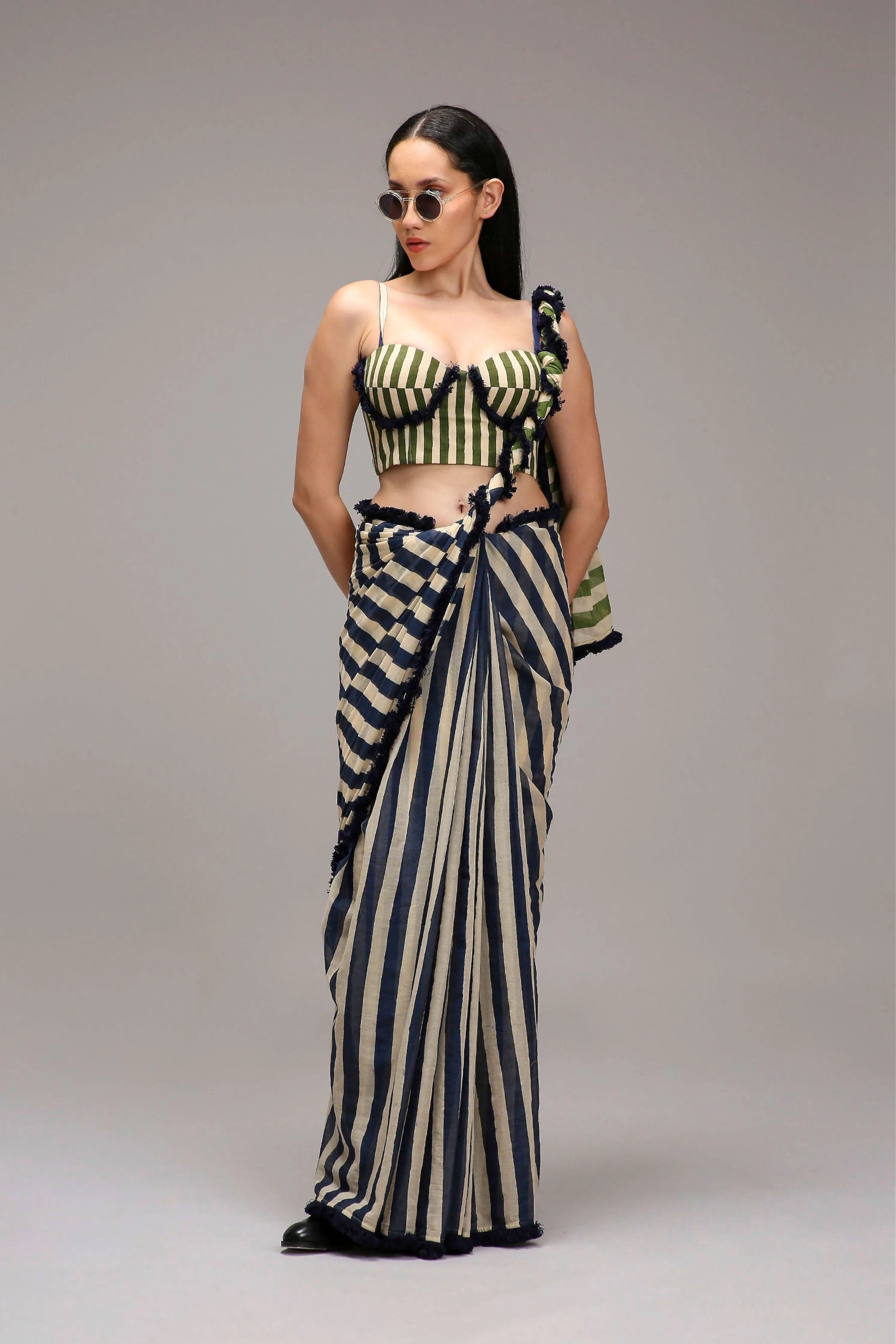 Egg-Shell Corset & Dual Striped Saree Set