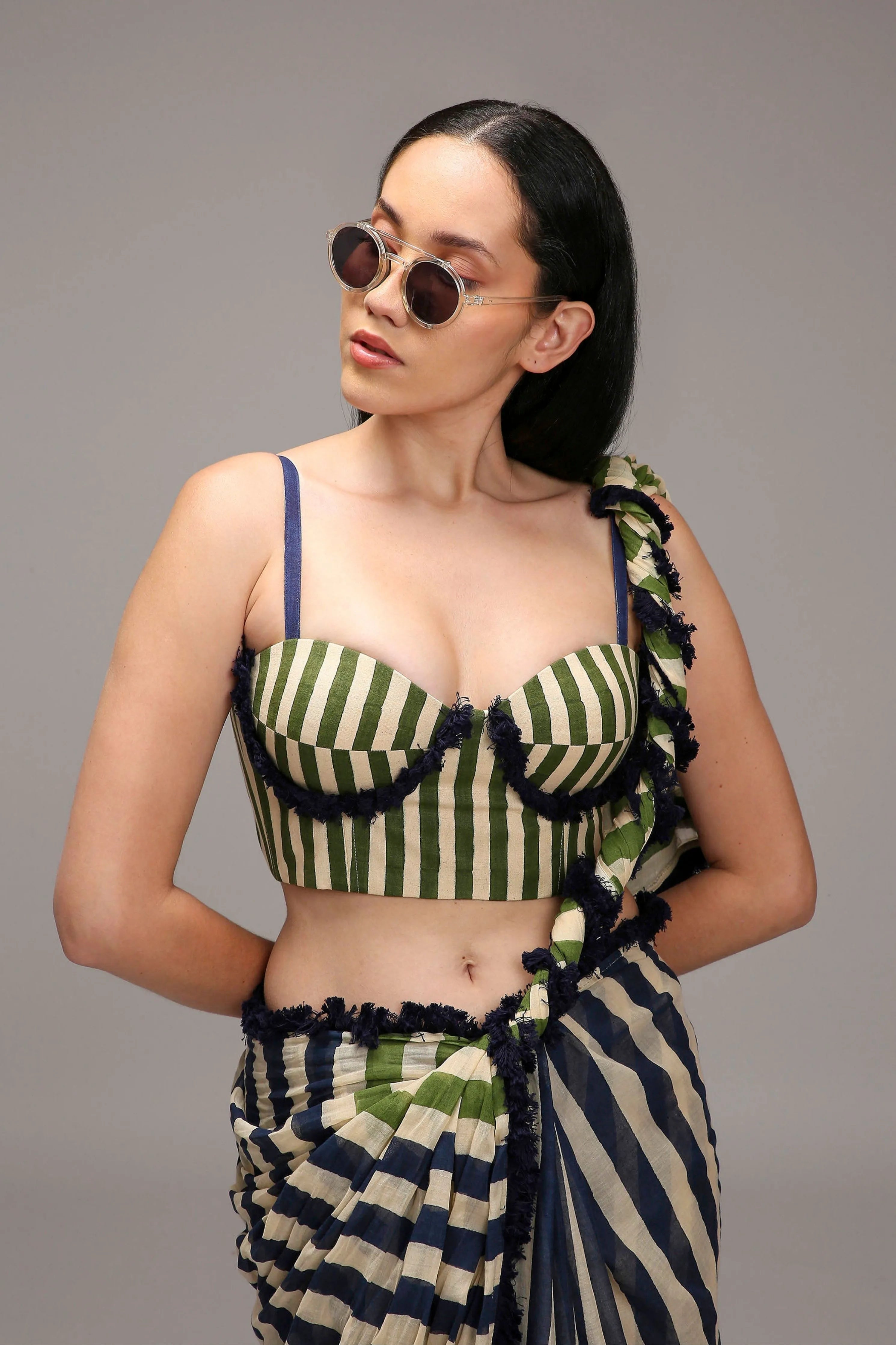 Egg-Shell Corset & Dual Striped Saree Set