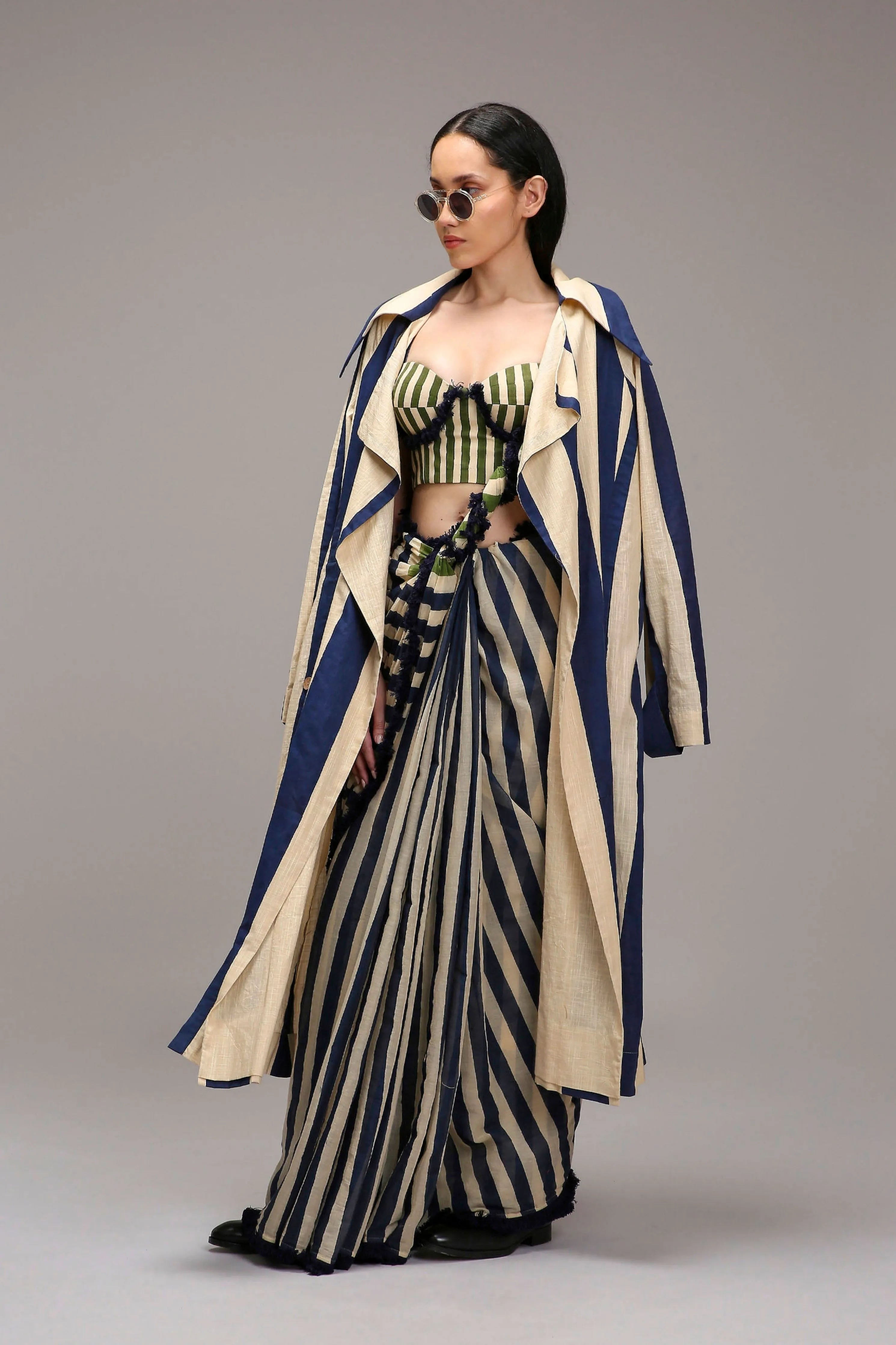 Egg-Shell Corset with Trench & Dual Striped Saree Set