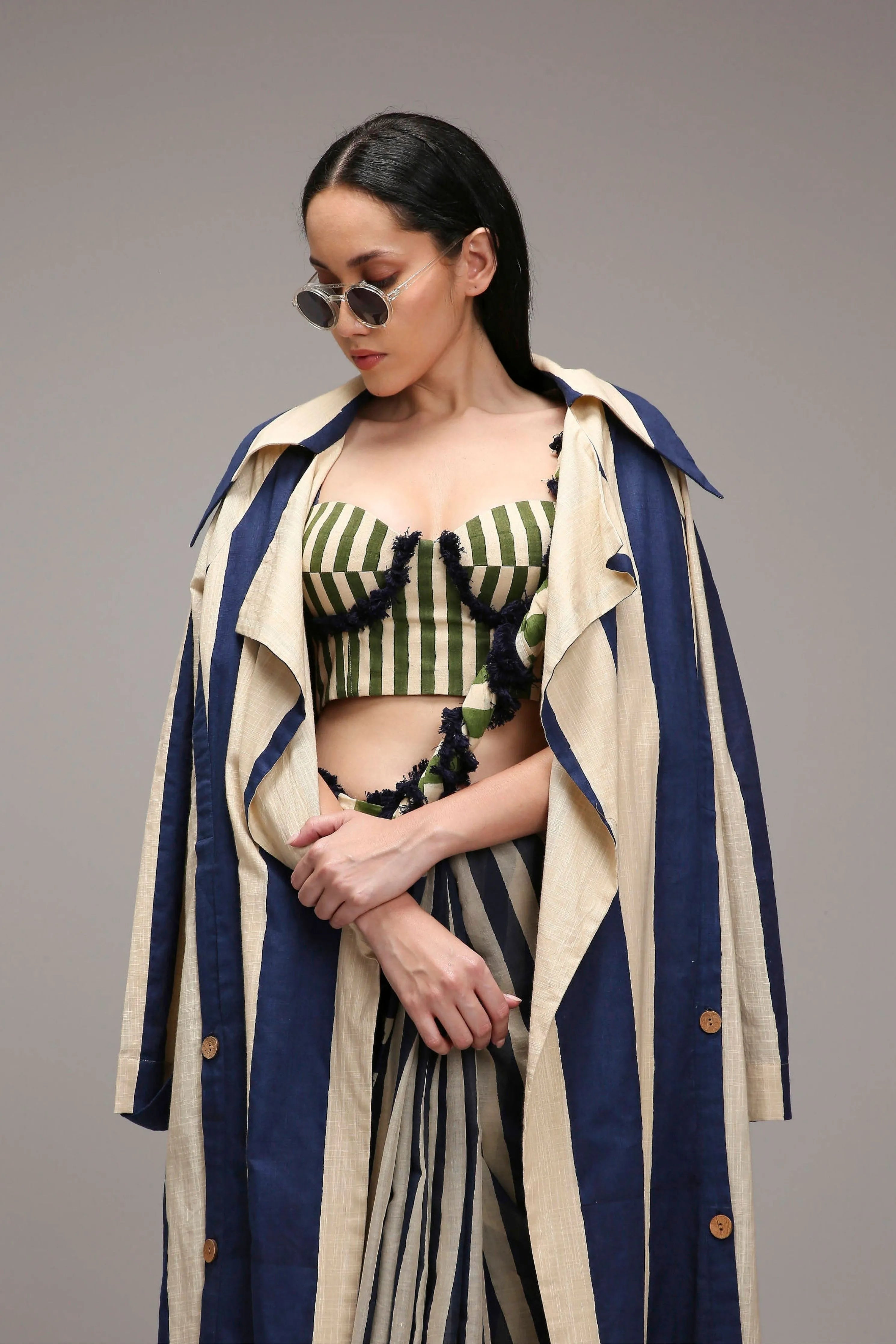 Egg-Shell Corset with Trench & Dual Striped Saree Set