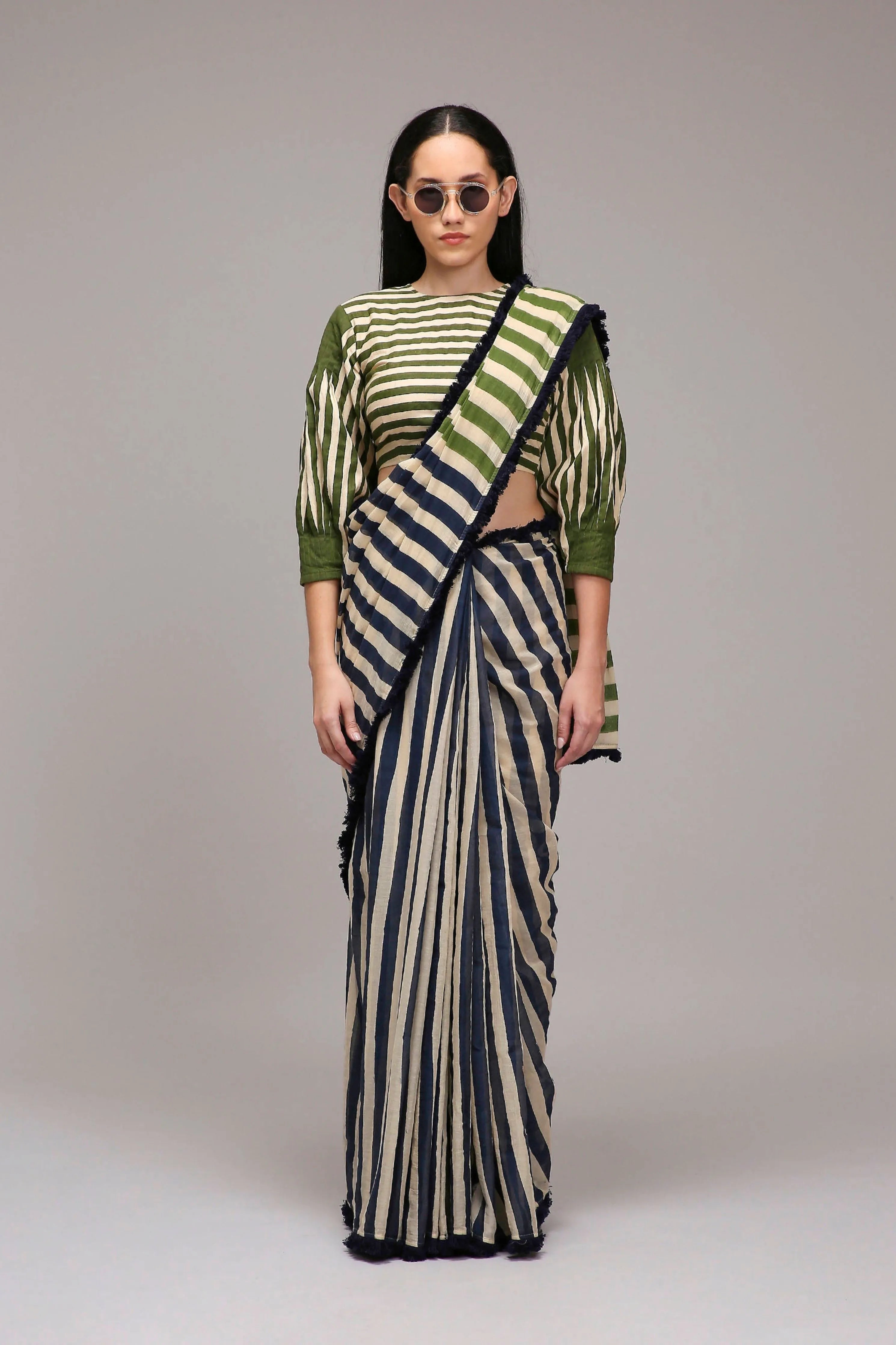 Egg-Shell Crop Top & Dual Striped Saree Set