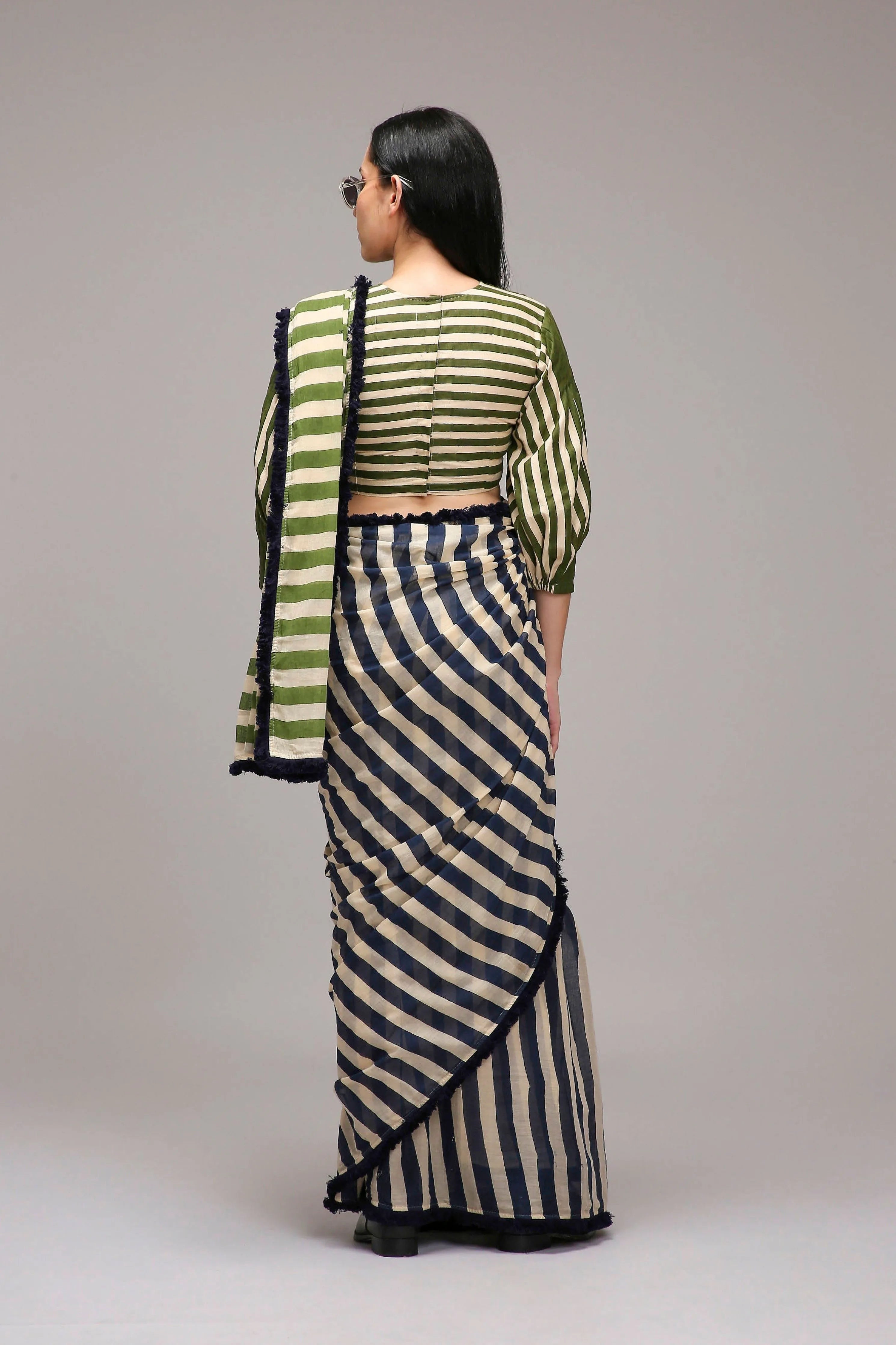 Egg-Shell Crop Top & Dual Striped Saree Set
