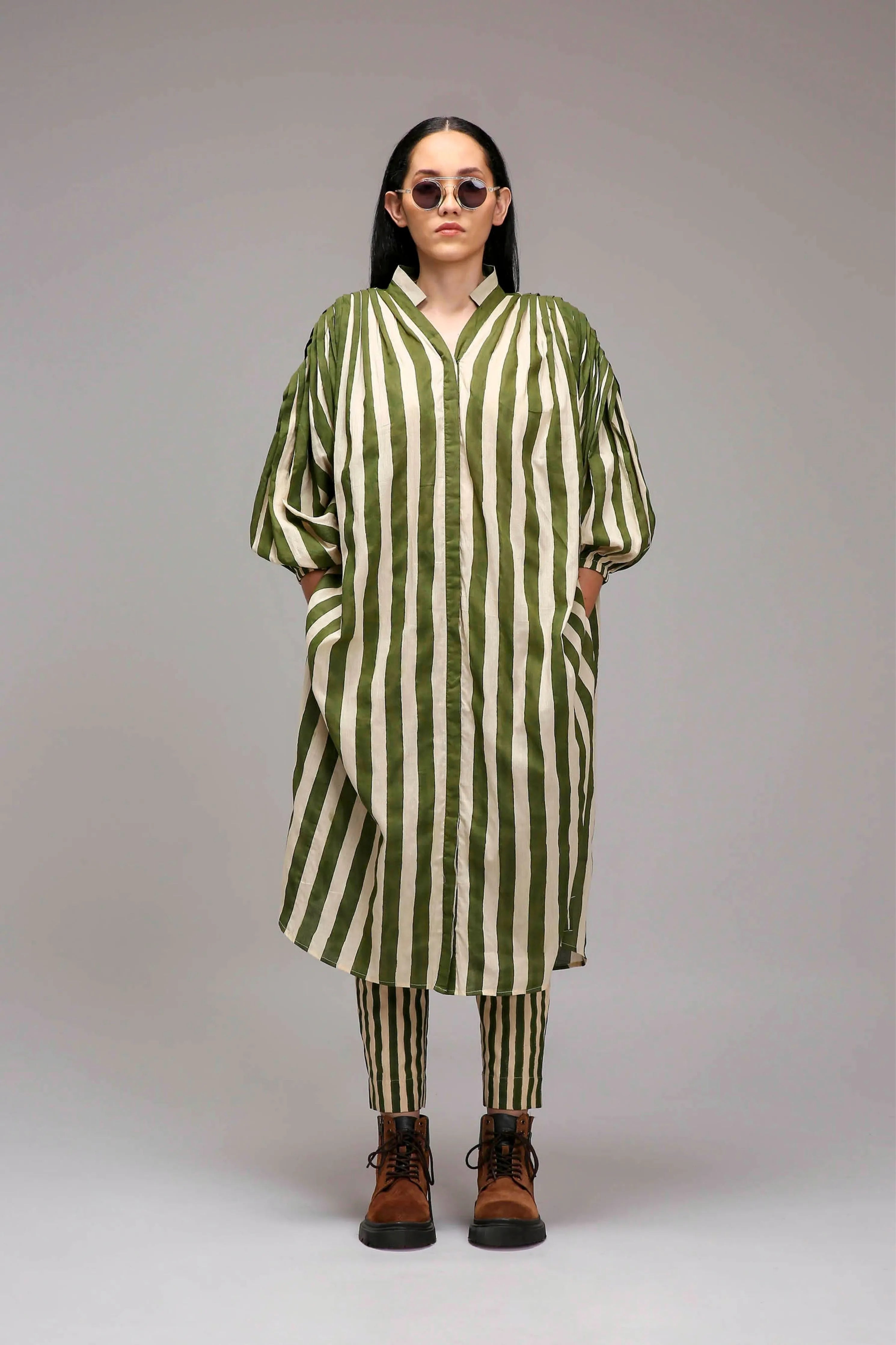 Egg-Shell Green Striped Baha Tunic Set