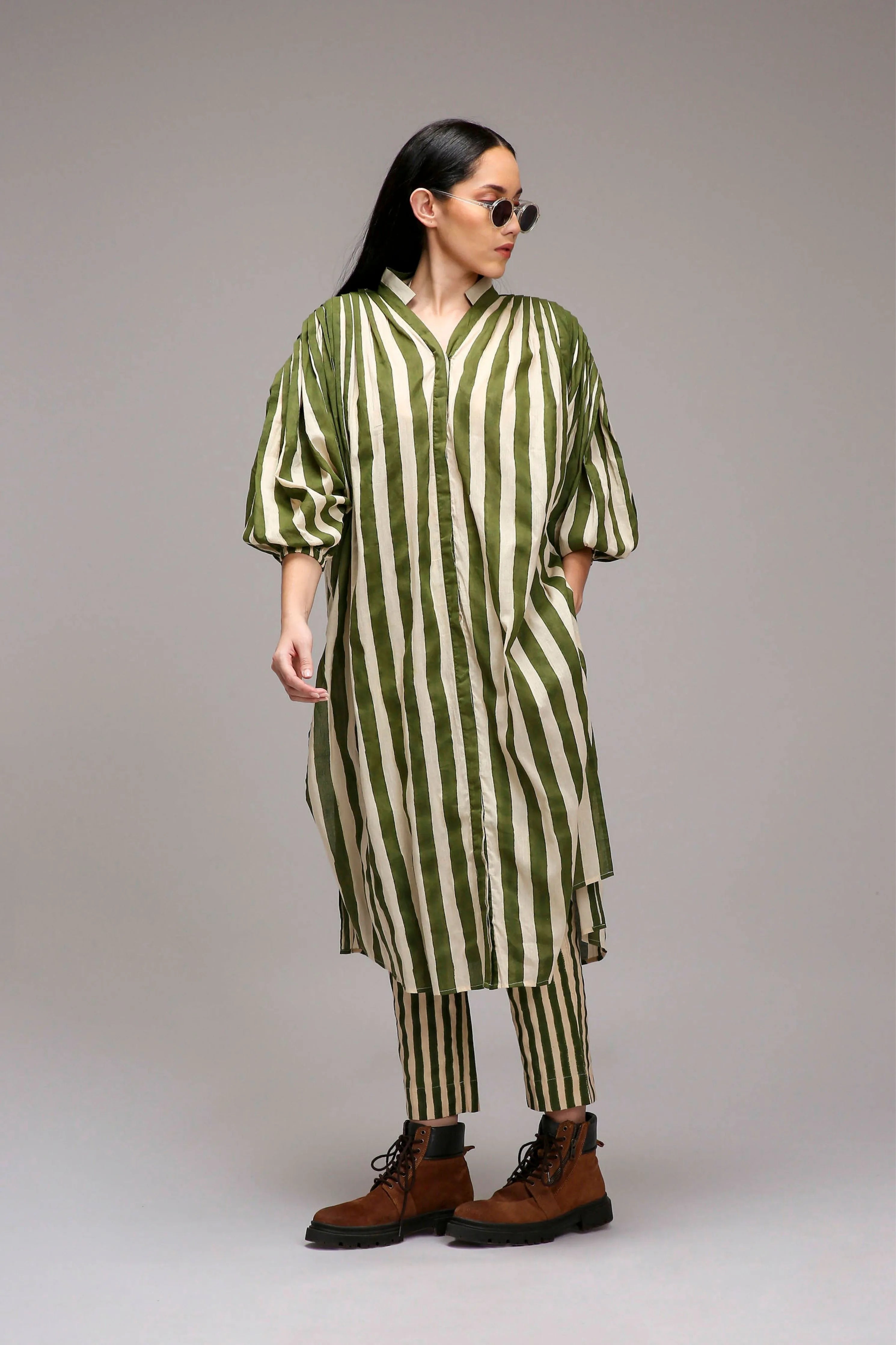 Egg-Shell Green Striped Baha Tunic Set