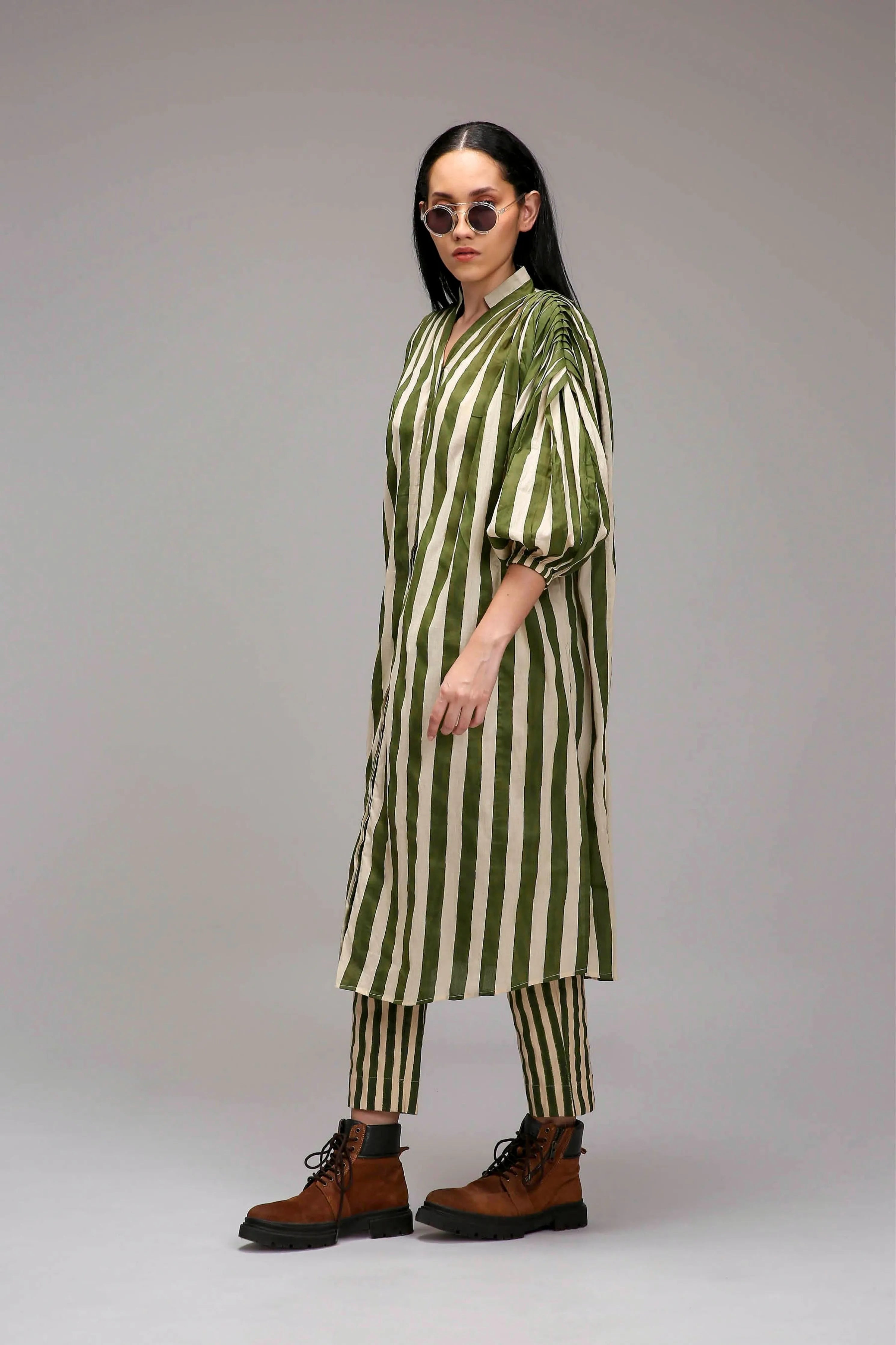 Egg-Shell Green Striped Baha Tunic Set