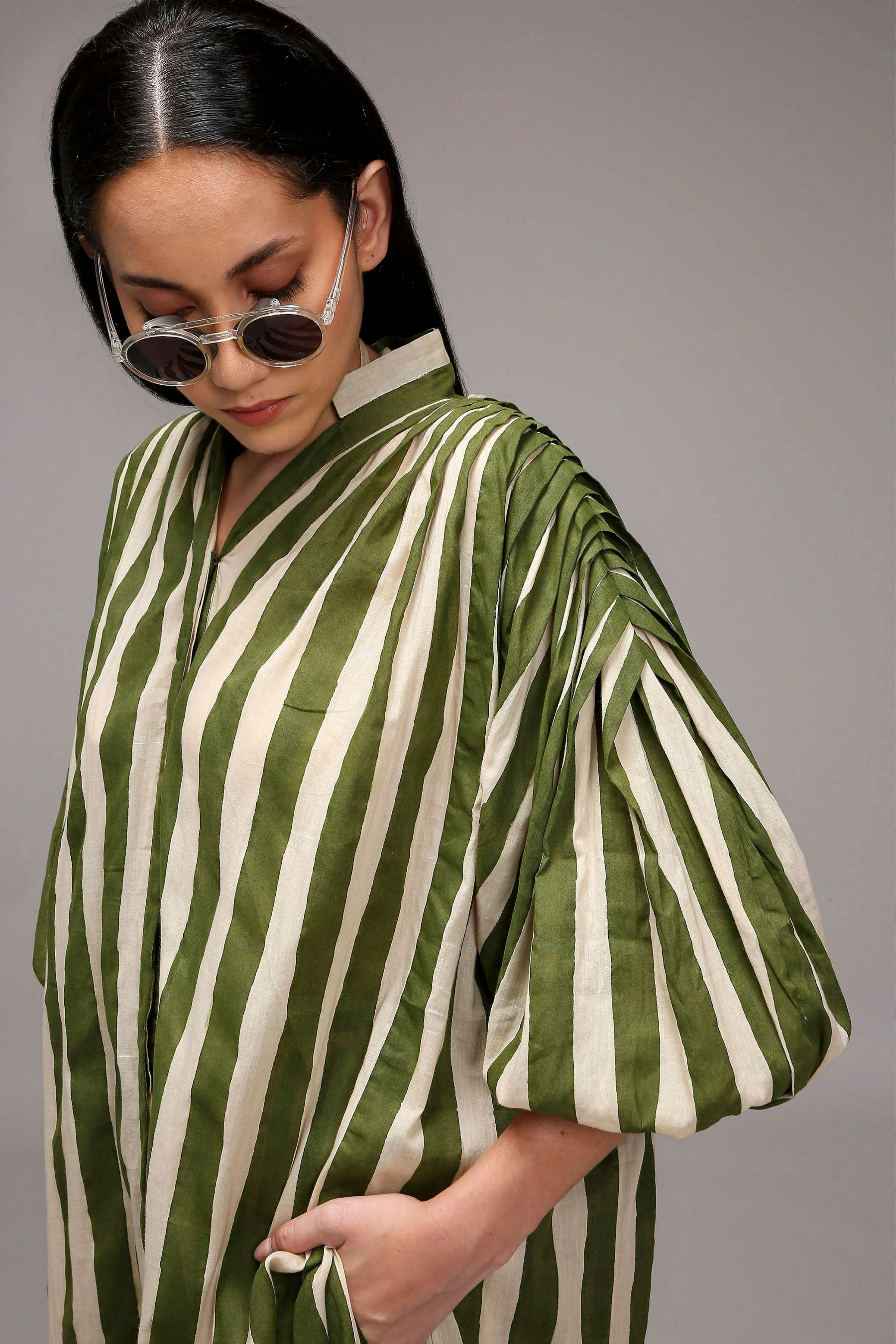 Egg-Shell Green Striped Baha Tunic Set