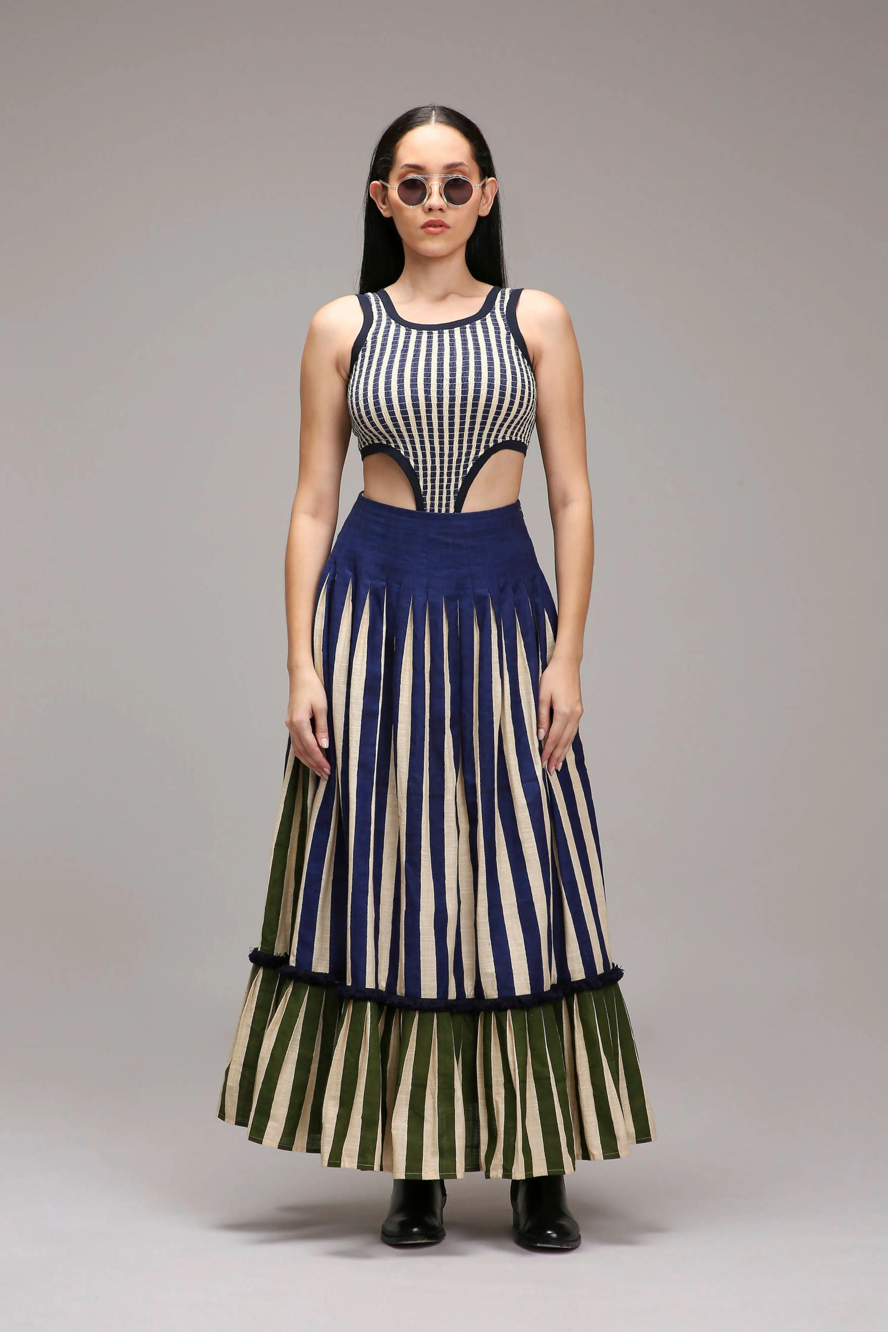 Egg-Shell Bodysuit Dual Striped Skirt Set