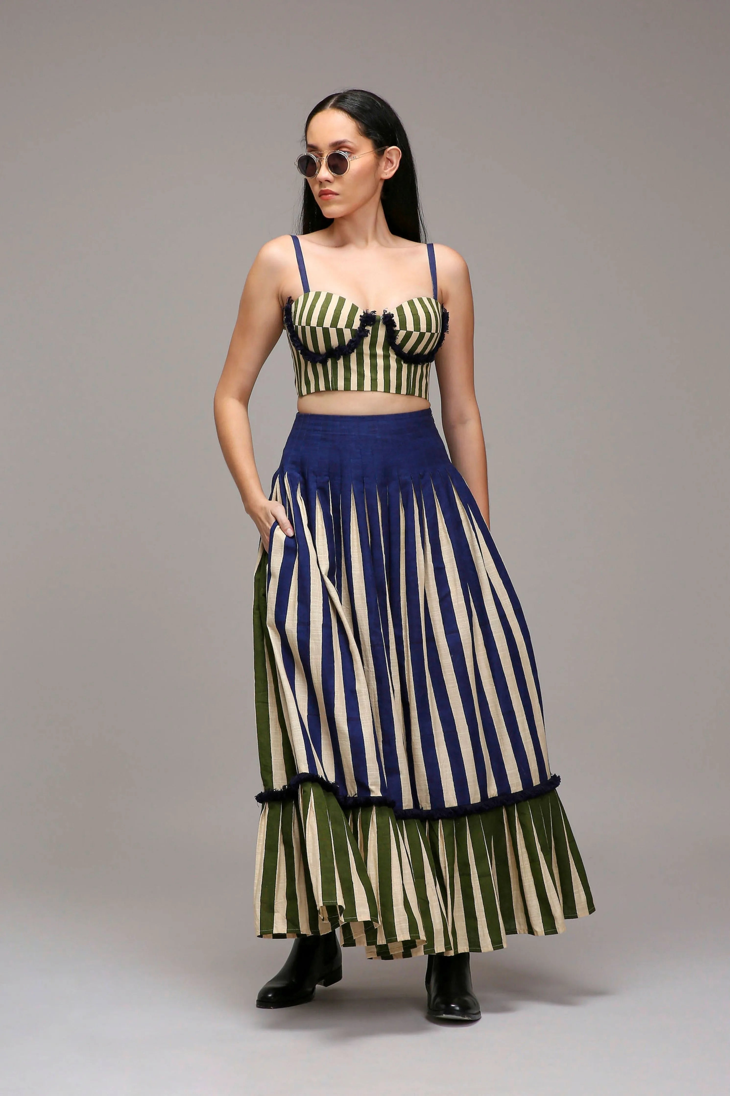 Egg-Shell Corset & Dual Striped Skirt Set