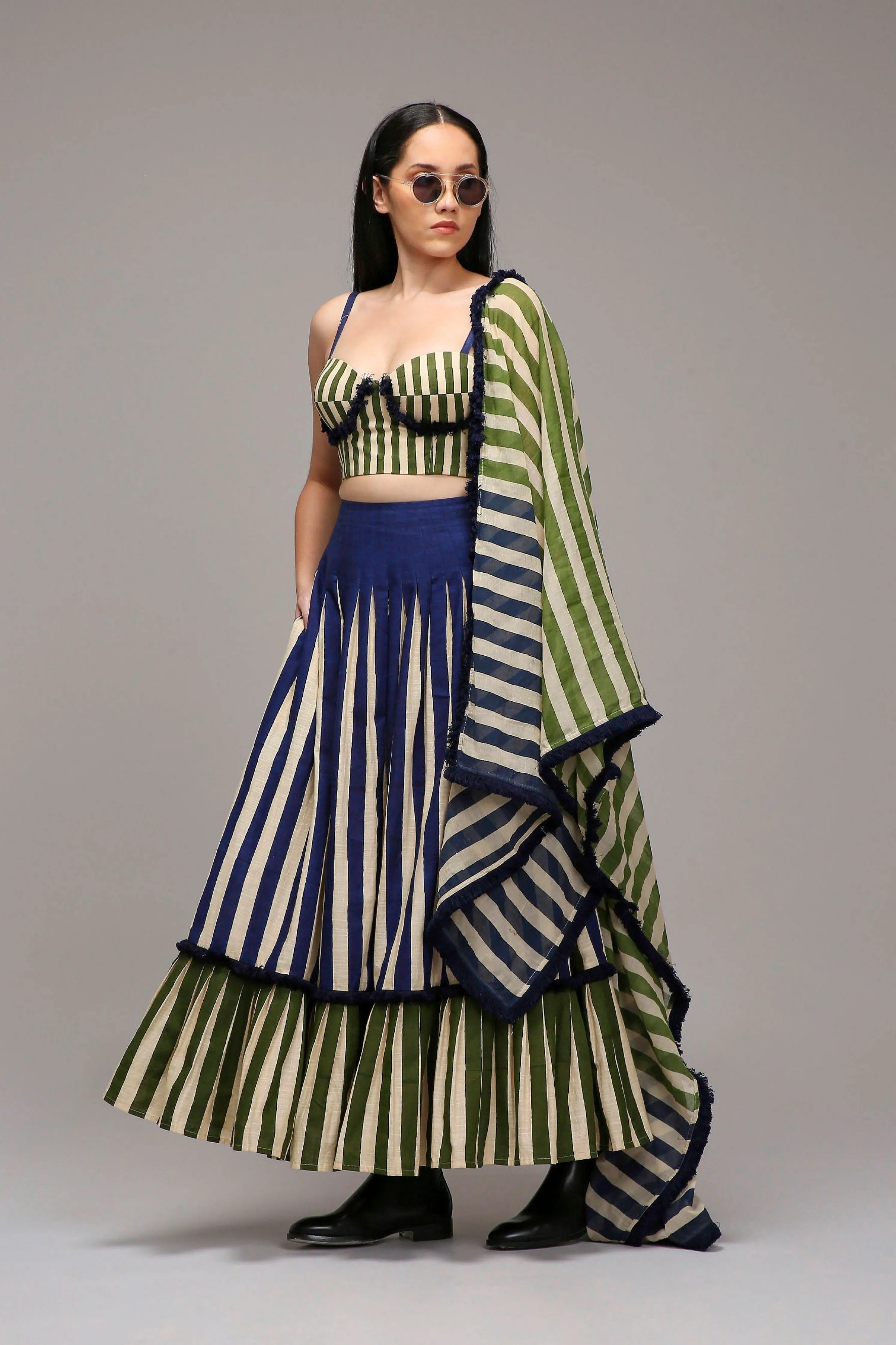 Egg-Shell Corset Dual Striped Stole Skirt Set