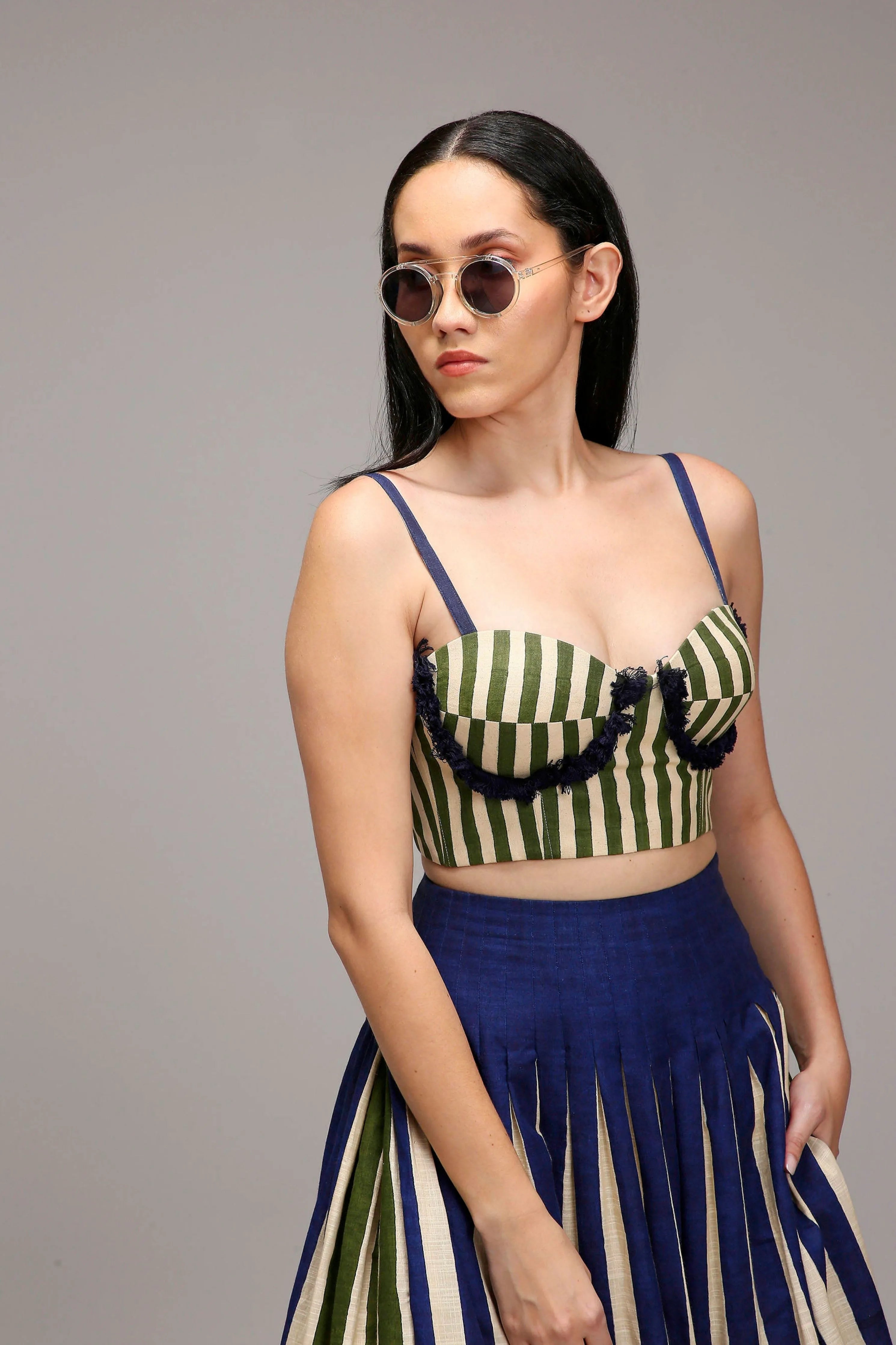 Egg-Shell Corset Dual Striped Stole Skirt Set