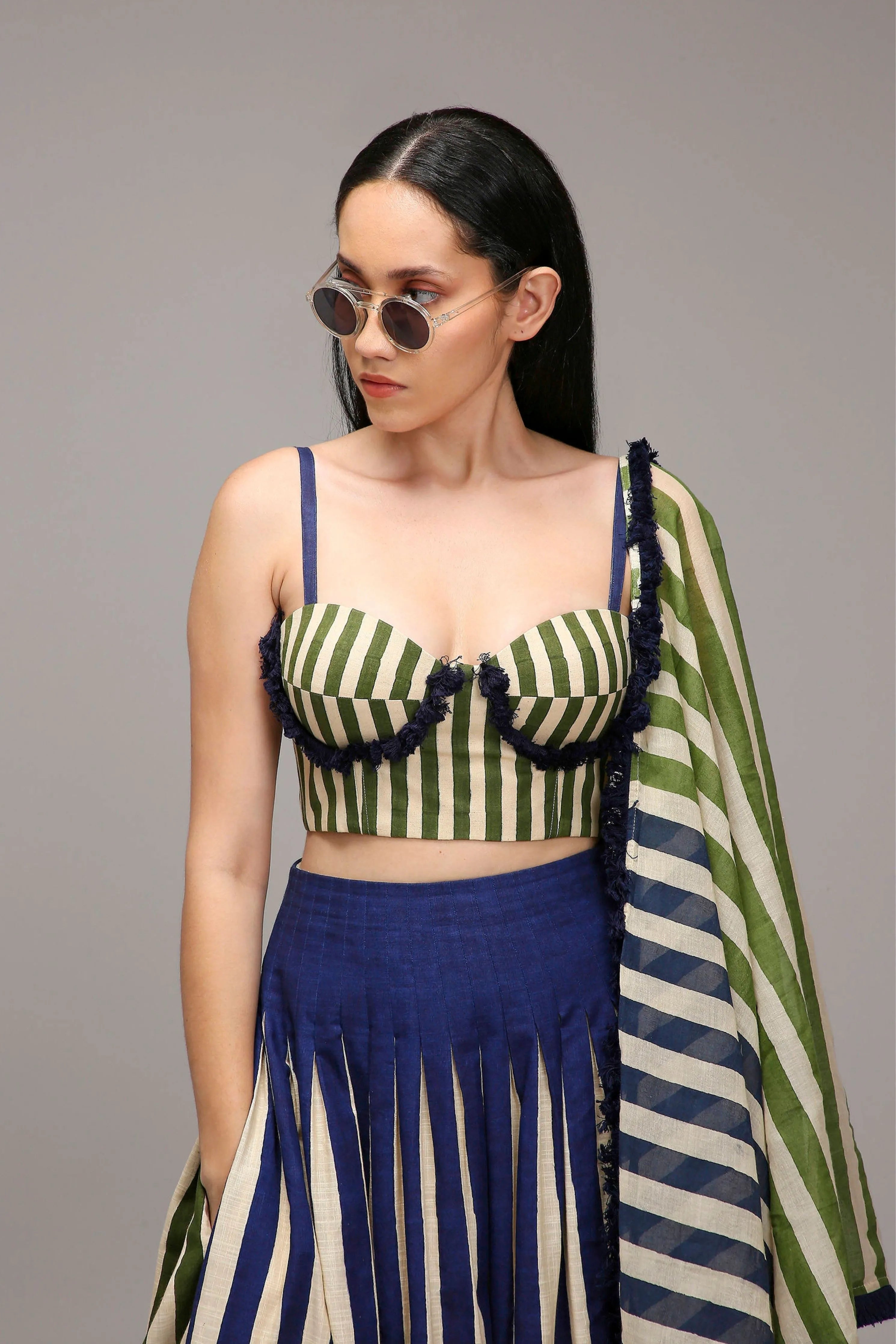 Egg-Shell Corset Dual Striped Stole Skirt Set