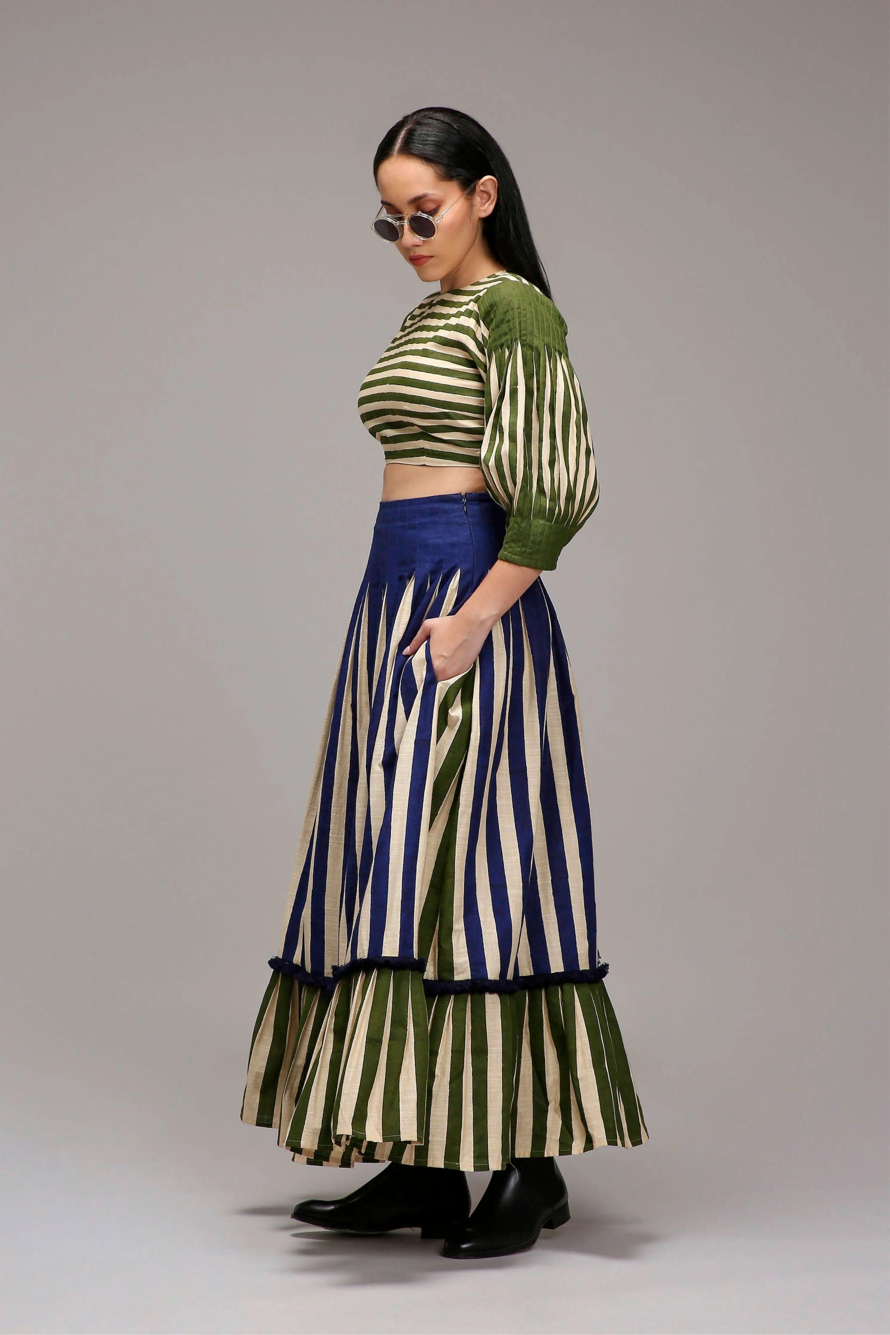 Egg-Shell Striped Crop Top & Skirt Set
