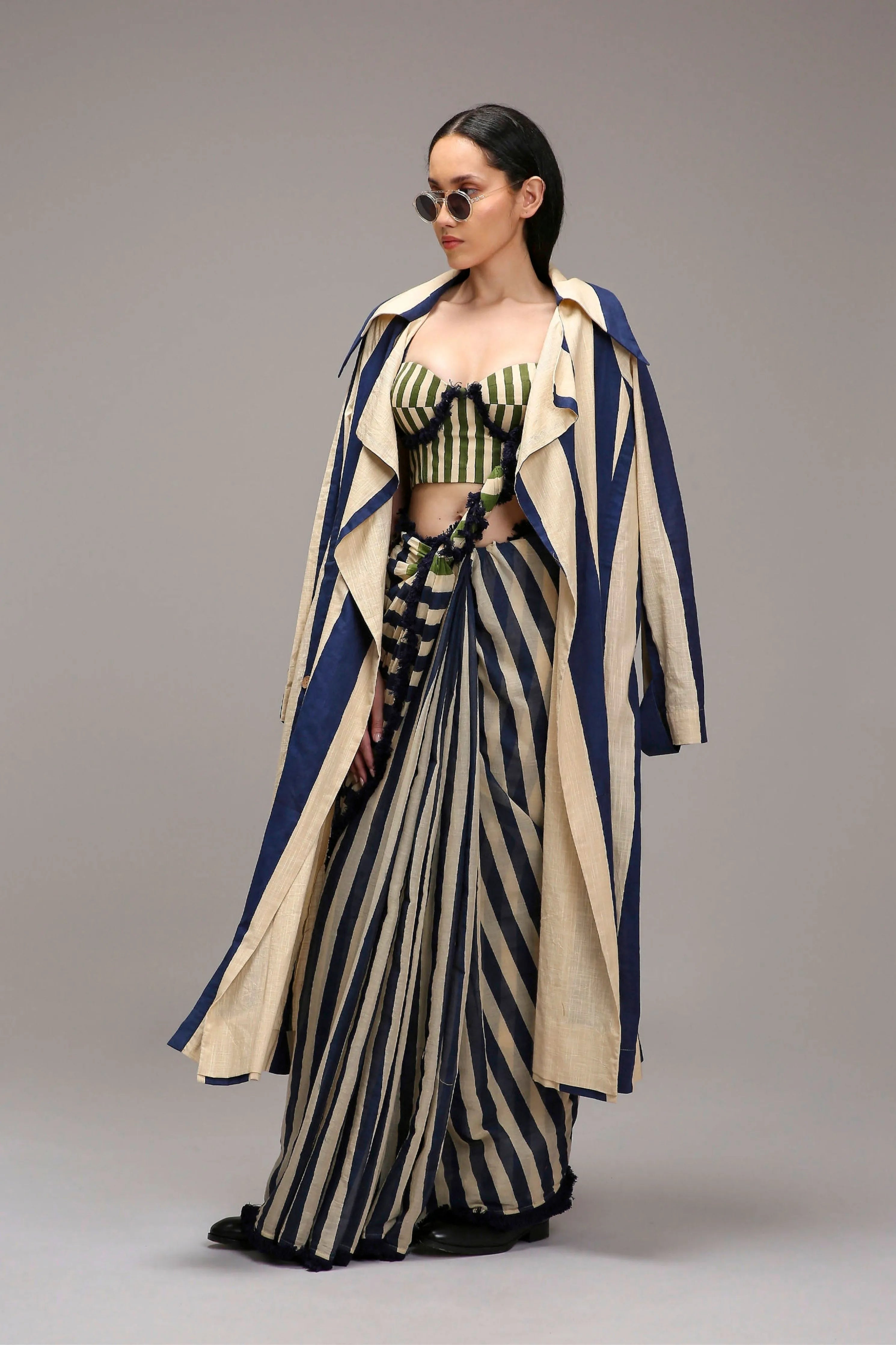 Egg-Shell Bodysuit with Trench & Dual Striped Saree Set