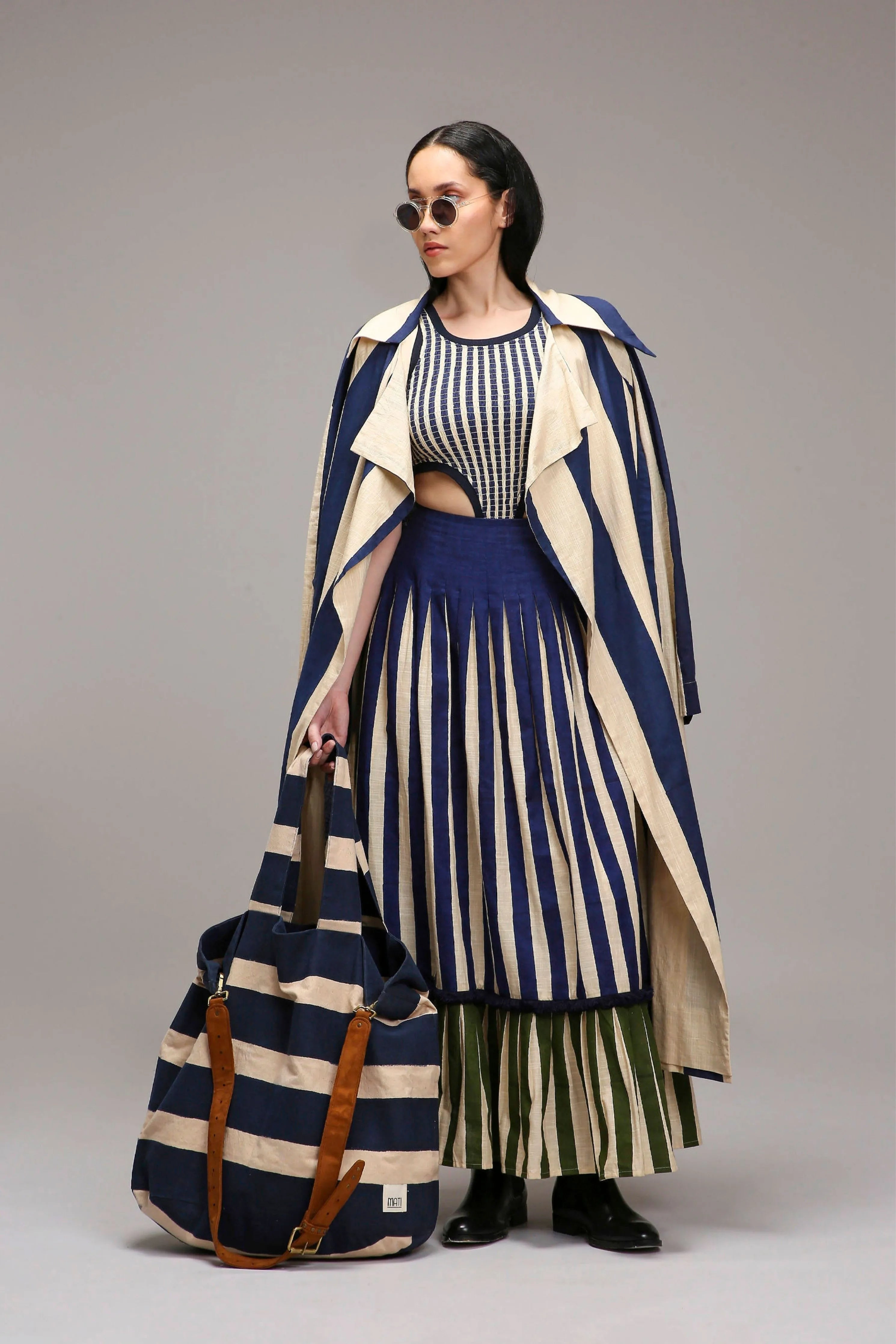 Egg-Shell Trench Bodysuit Dual Striped Skirt Set