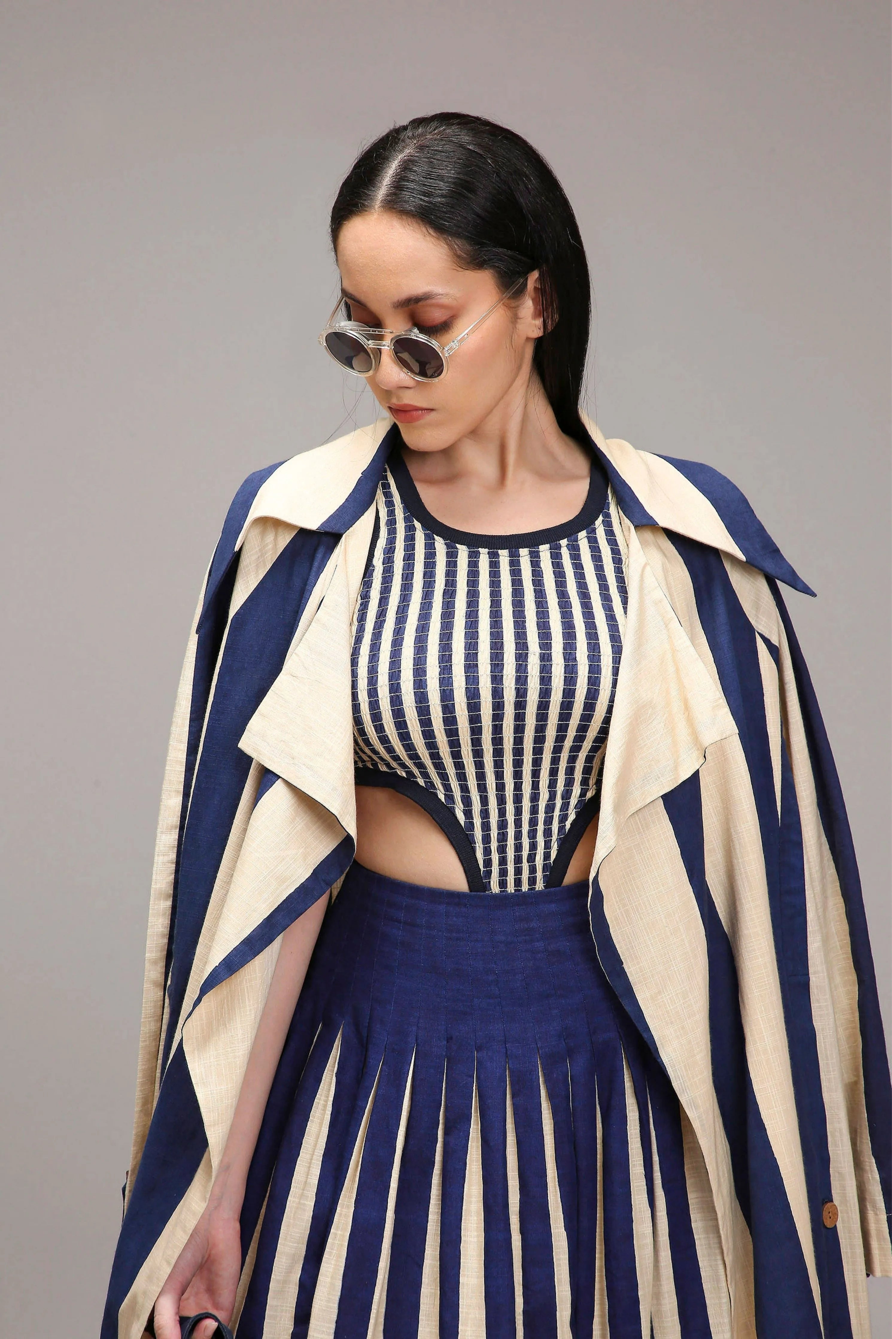 Egg-Shell Trench Bodysuit Dual Striped Skirt Set
