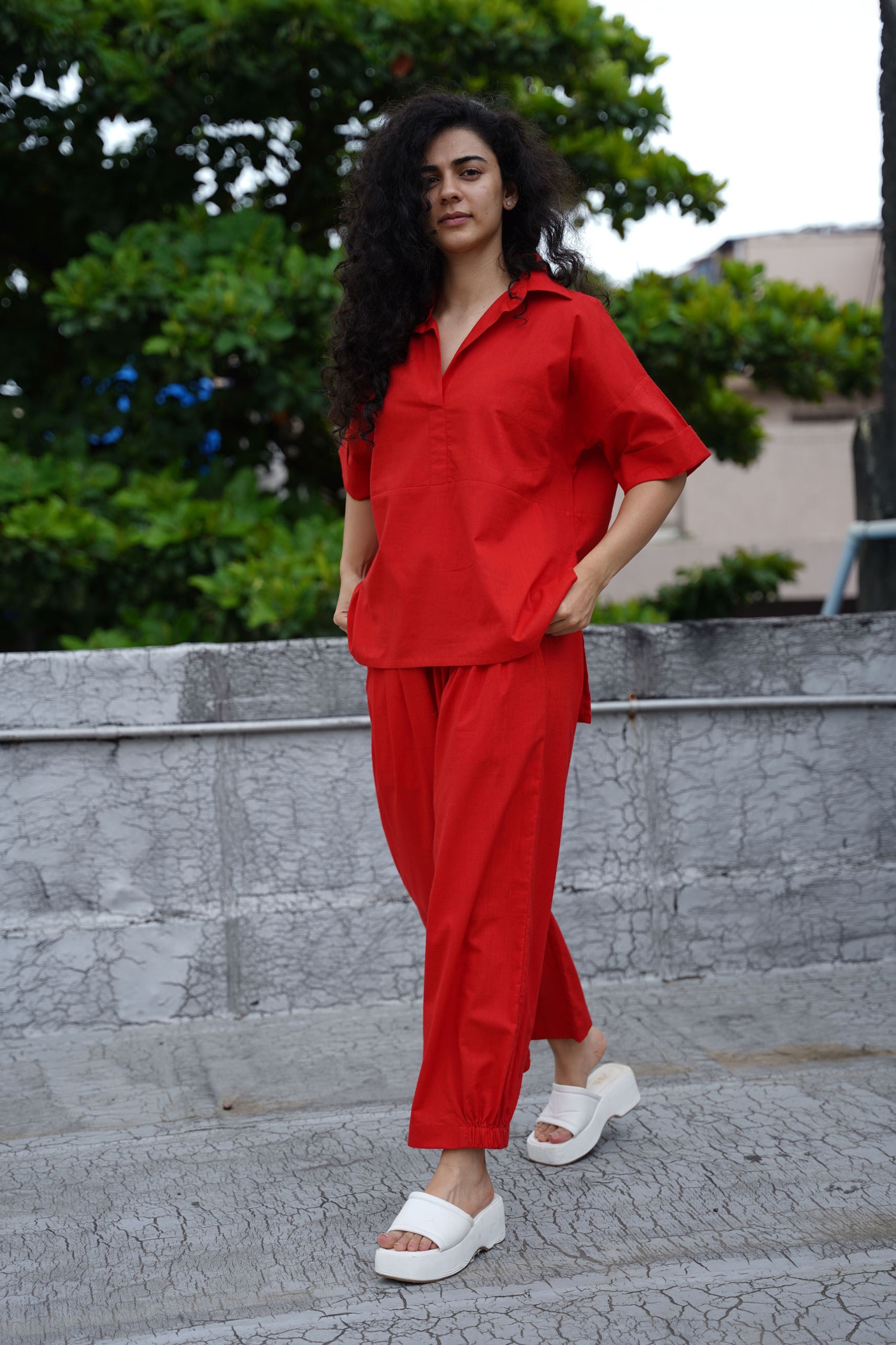 Red Ekin Shirt & Hera Cotton Co-Ord Set