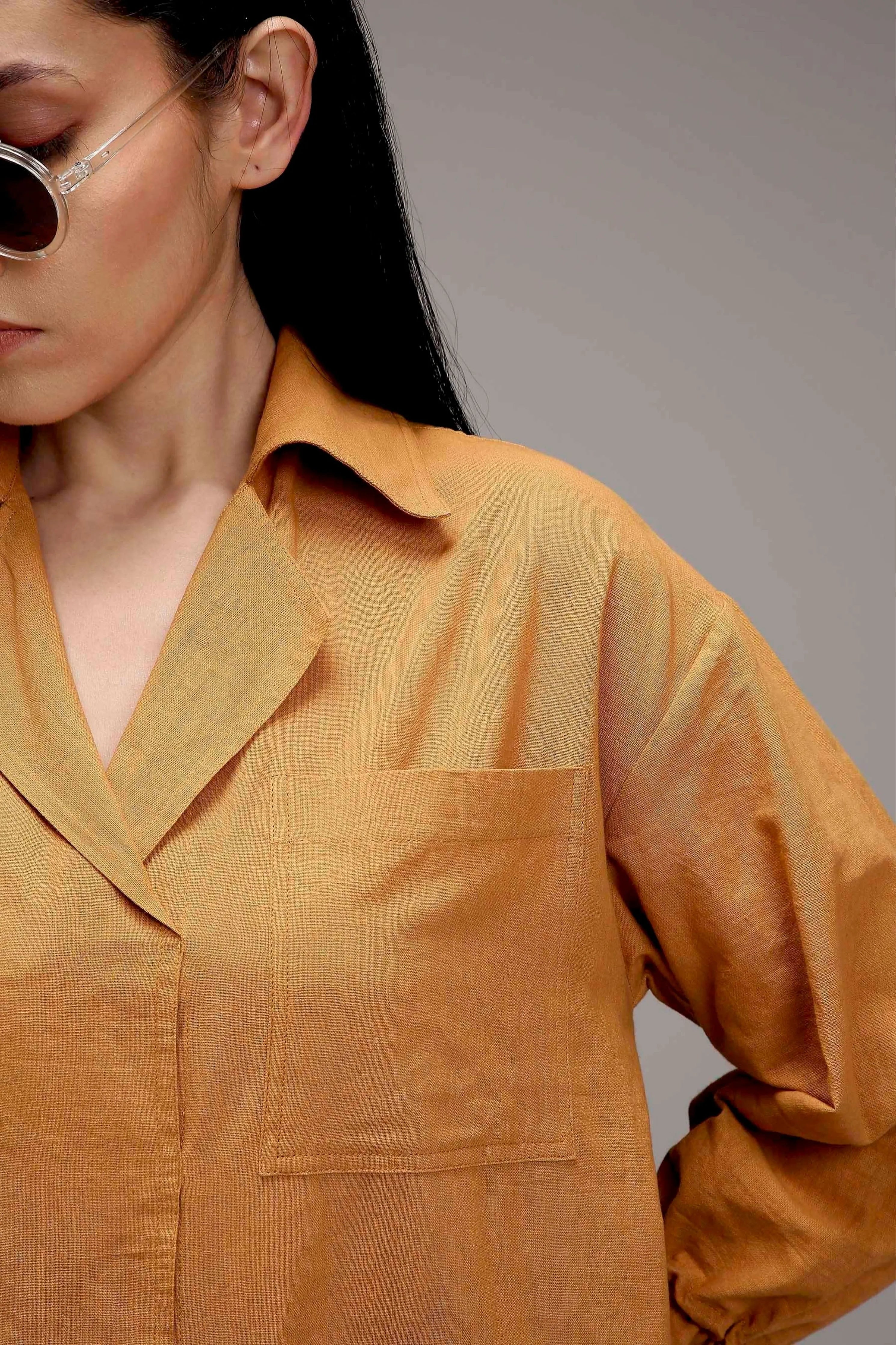 Tan-Brown Elasticated Shirt Dress