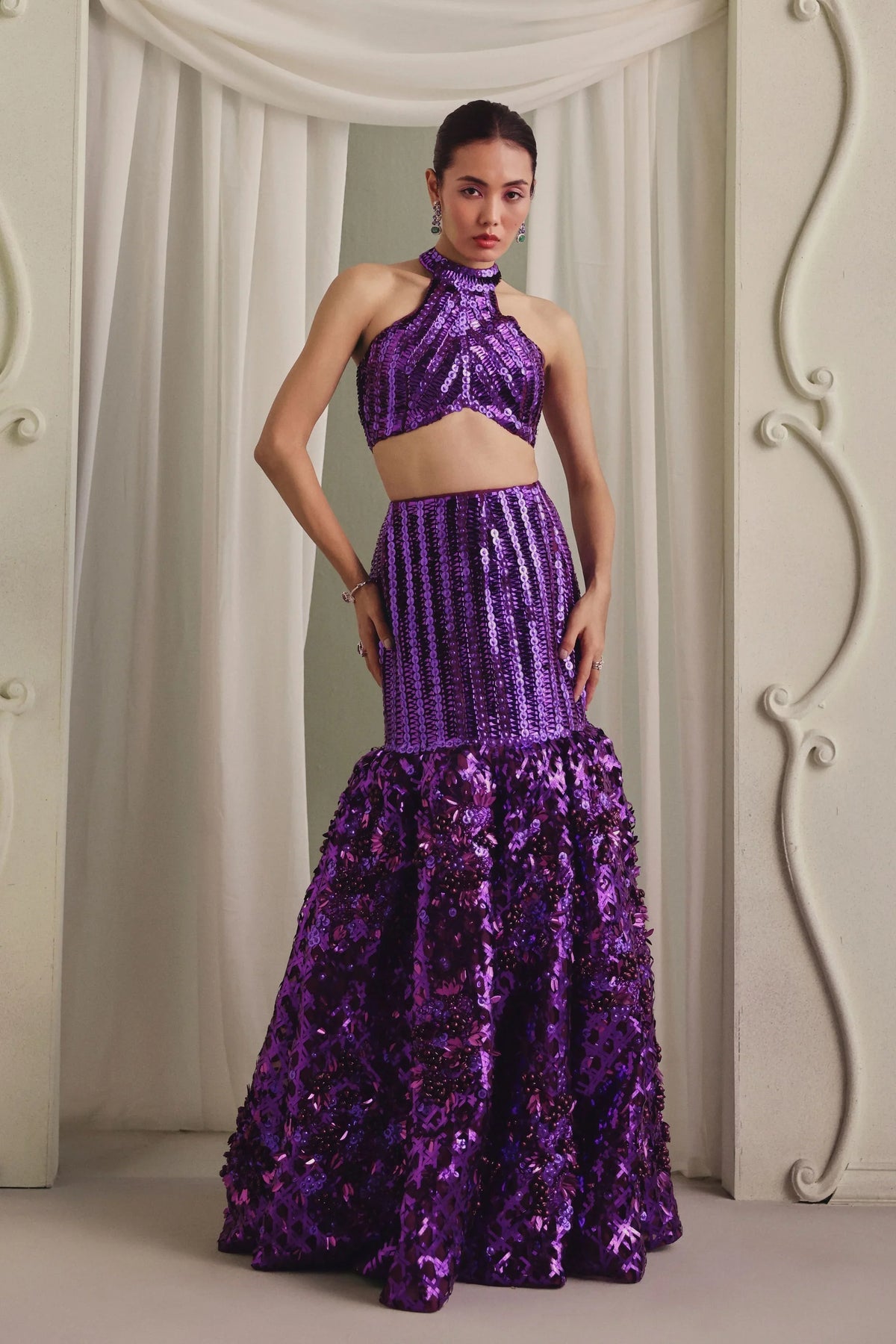 Purple Metallic Skirt Set