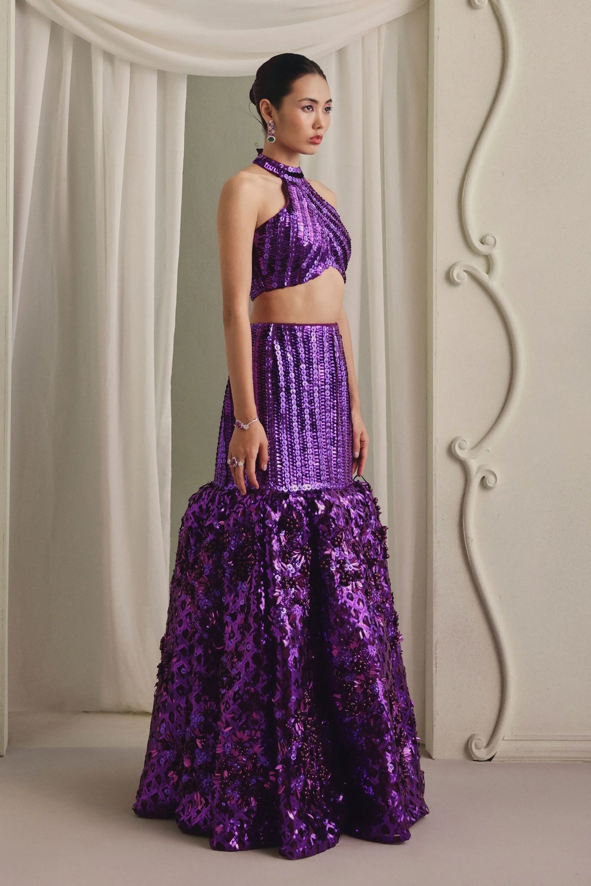 Purple Metallic Skirt Set