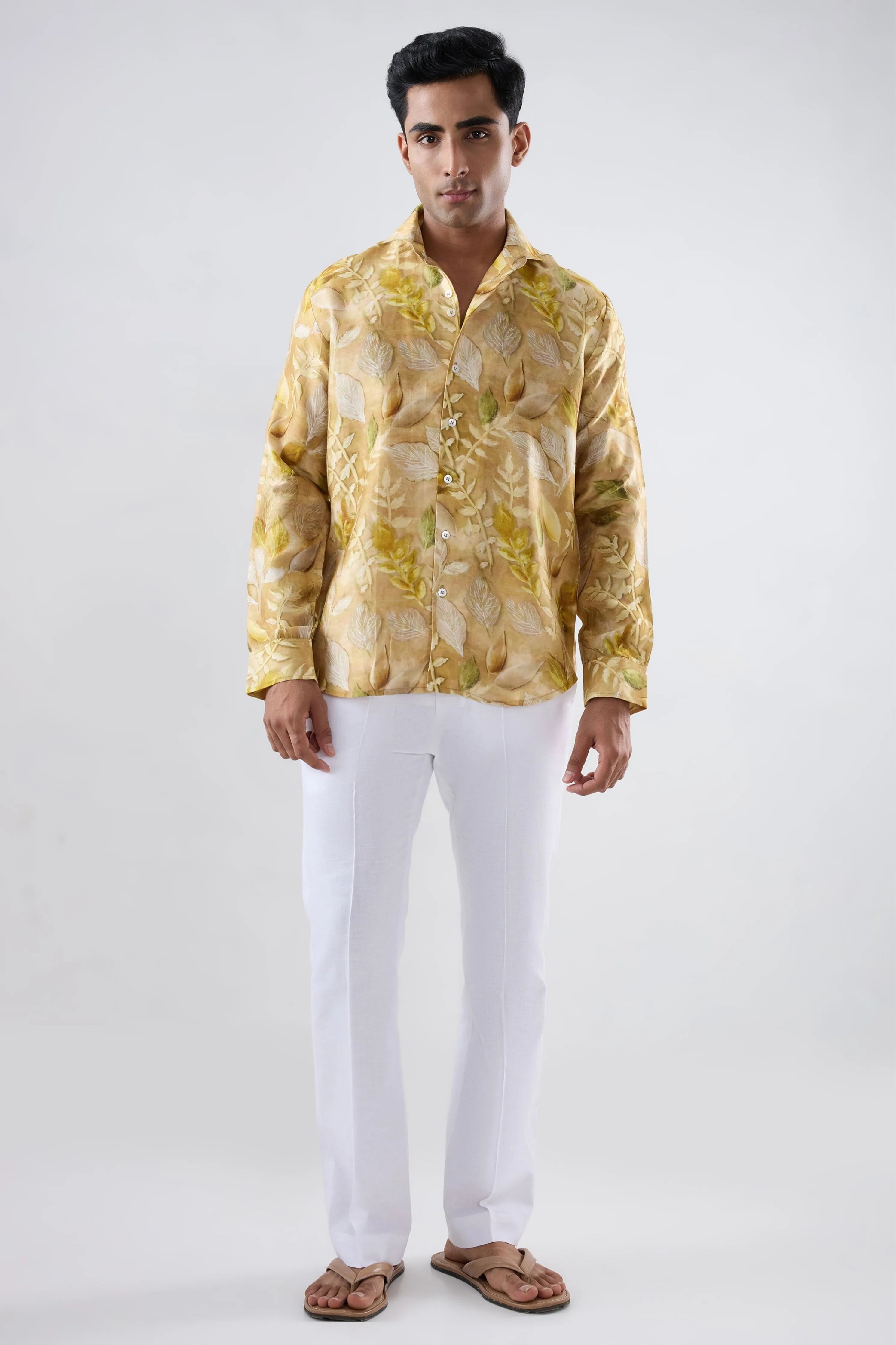 Yellow Leaf Ecoprint Cutback Collar Full-Sleeve Shirt
