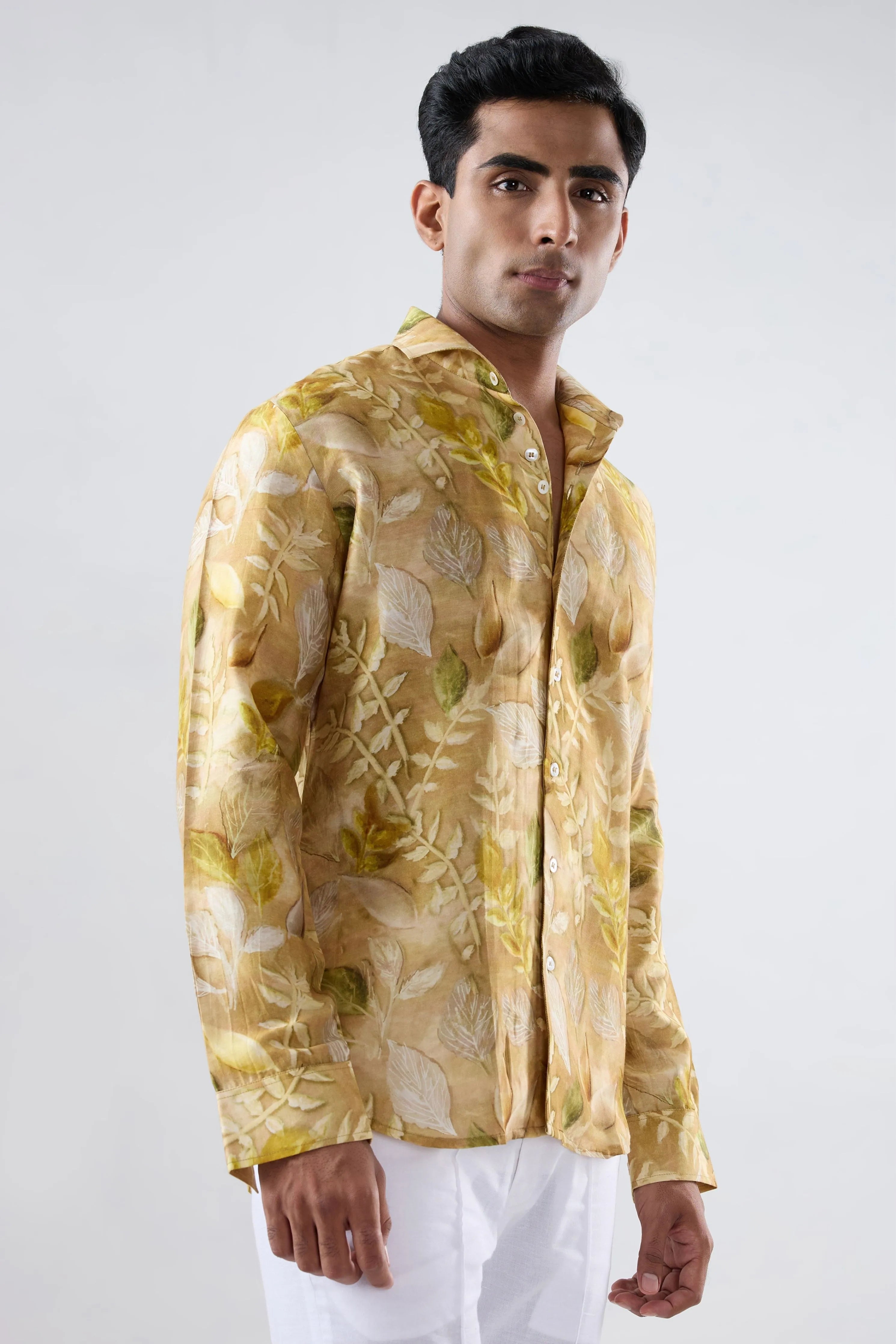 Yellow Leaf Ecoprint Cutback Collar Full-Sleeve Shirt