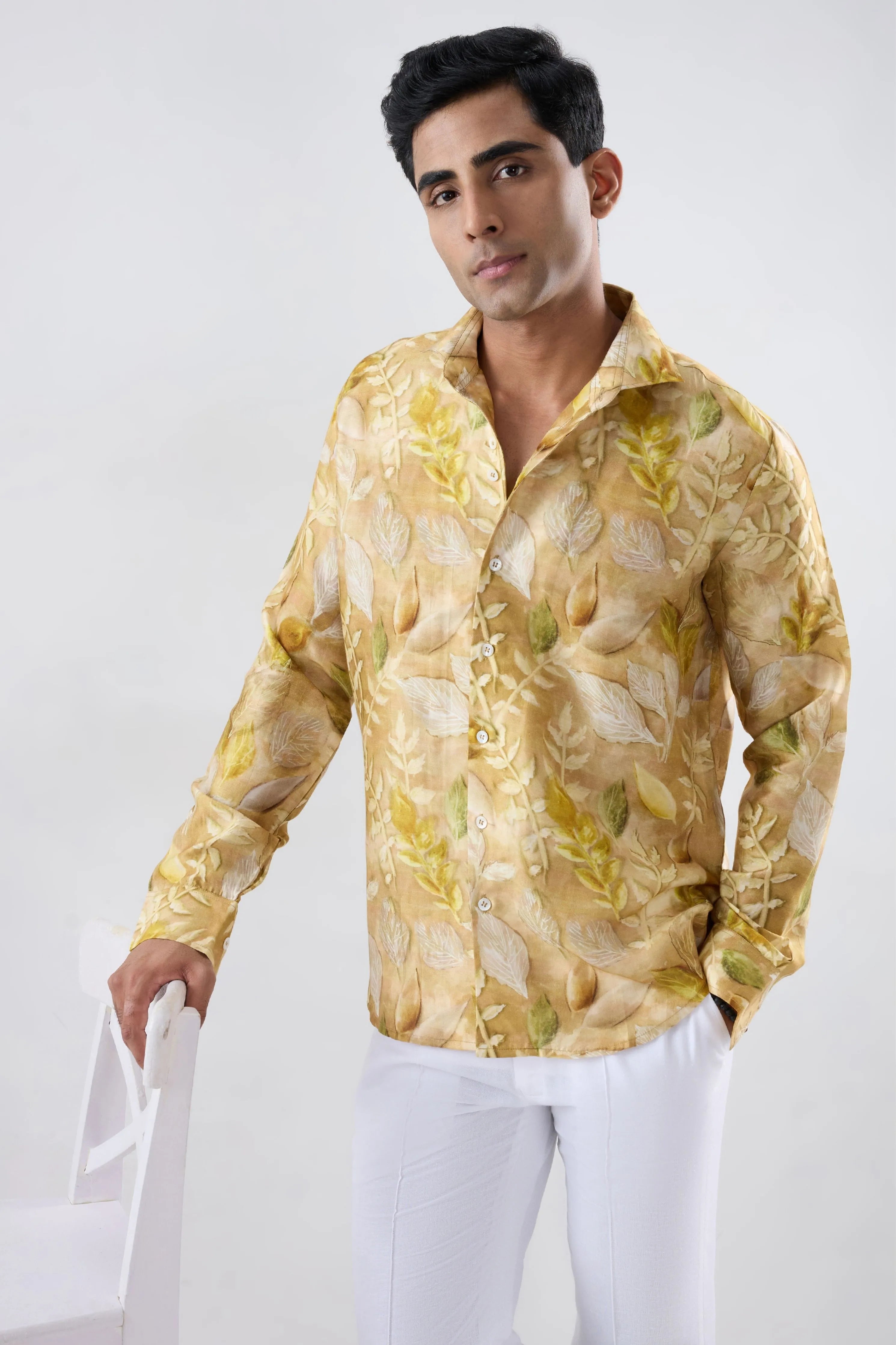 Yellow Leaf Ecoprint Cutback Collar Full-Sleeve Shirt