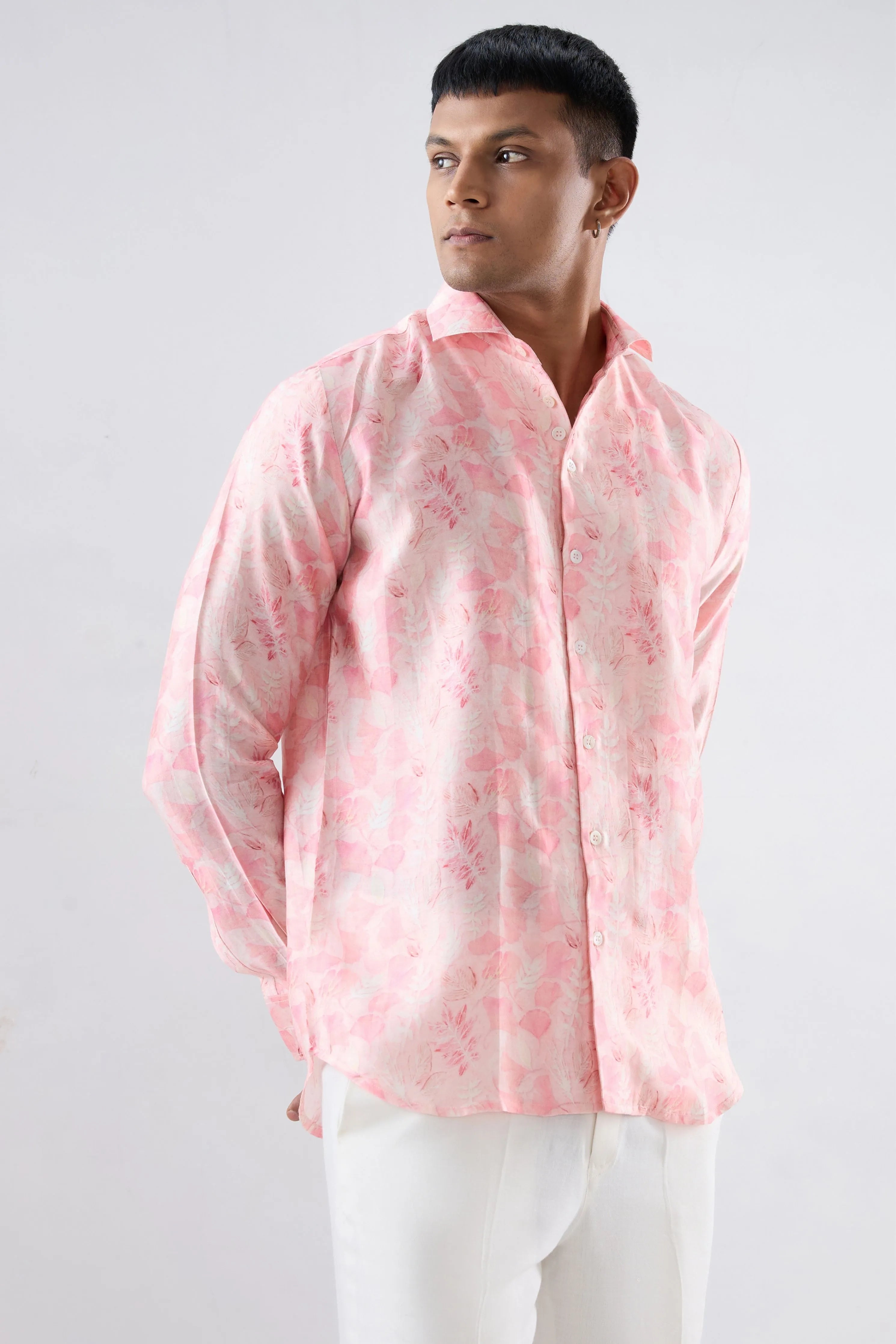Pink Leaf Ecoprint Cutback Collar Full-Sleeve Shirt