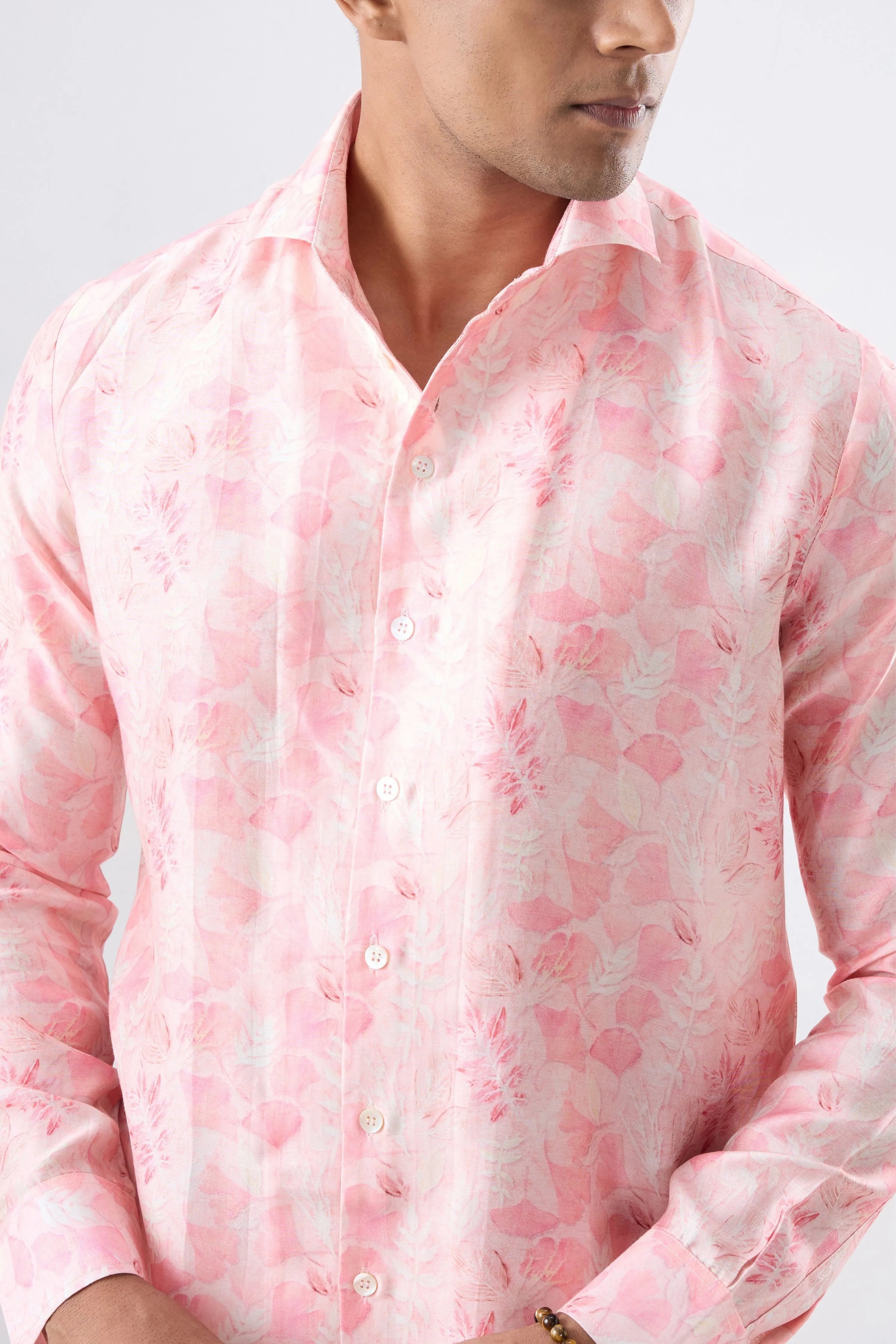 Pink Floral Cuban Collar Shirt