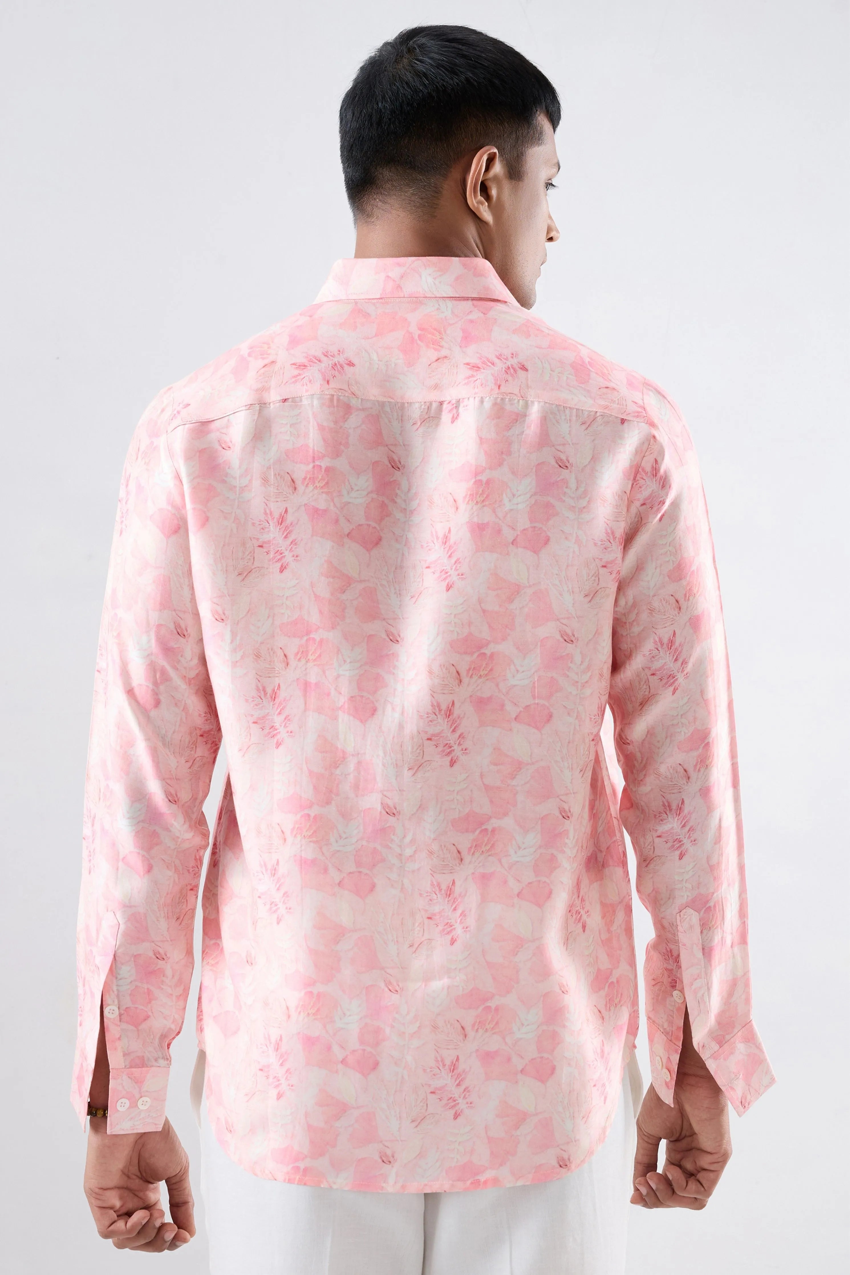 Pink Leaf Ecoprint Cutback Collar Full-Sleeve Shirt