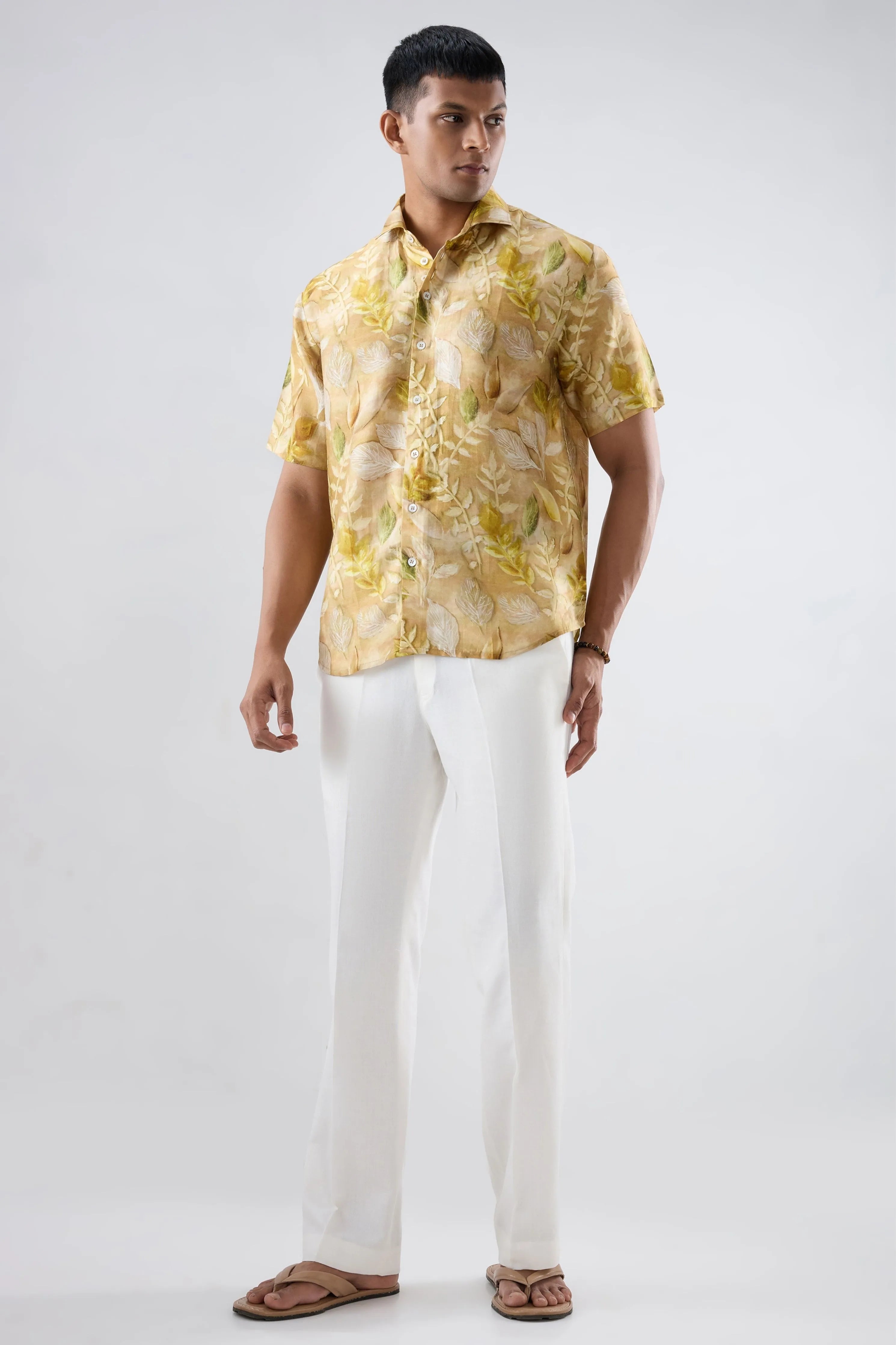 Yellow Leaf Ecoprint Cutback Collar Shirt