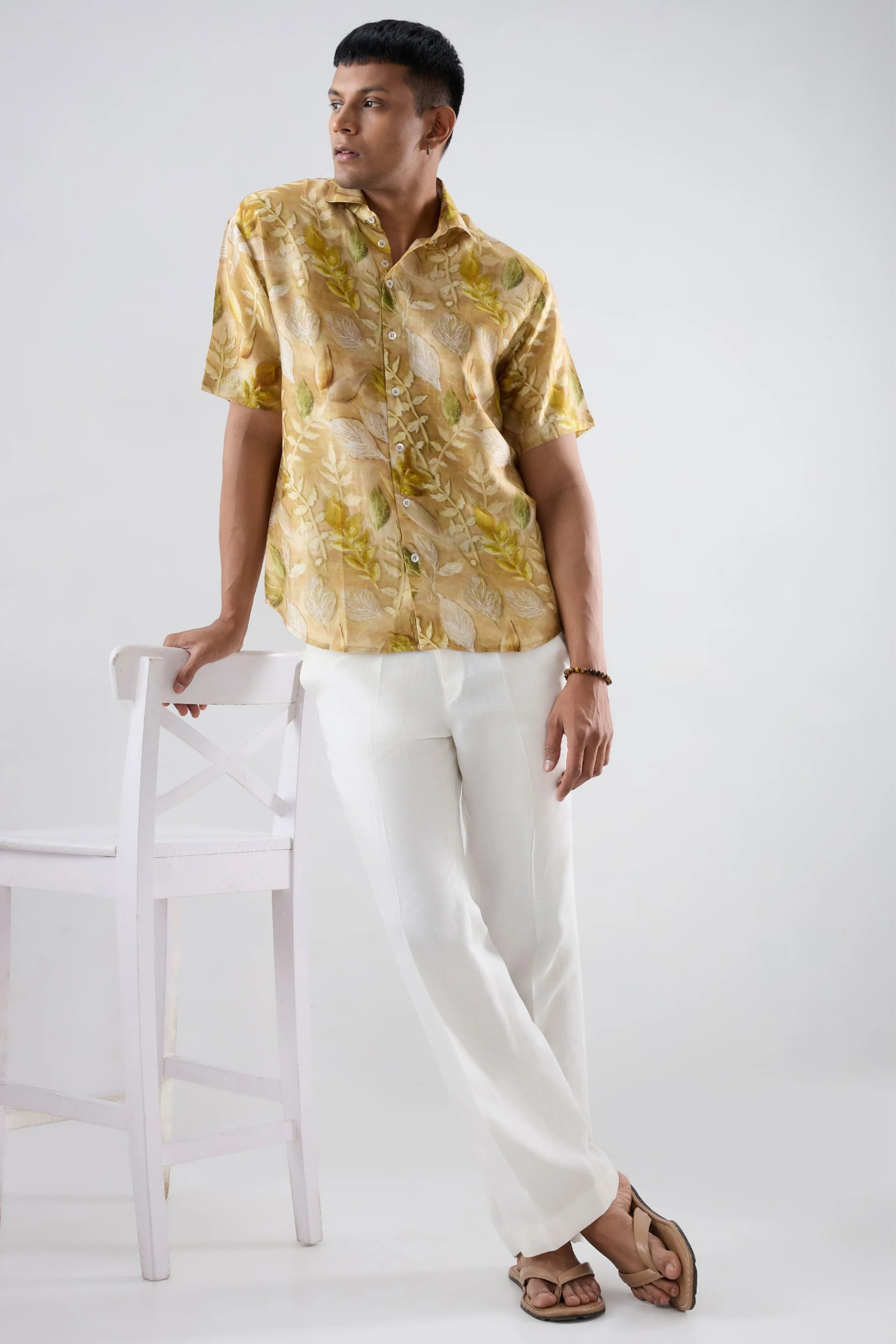 Yellow Leaf Ecoprint Cutback Collar Shirt