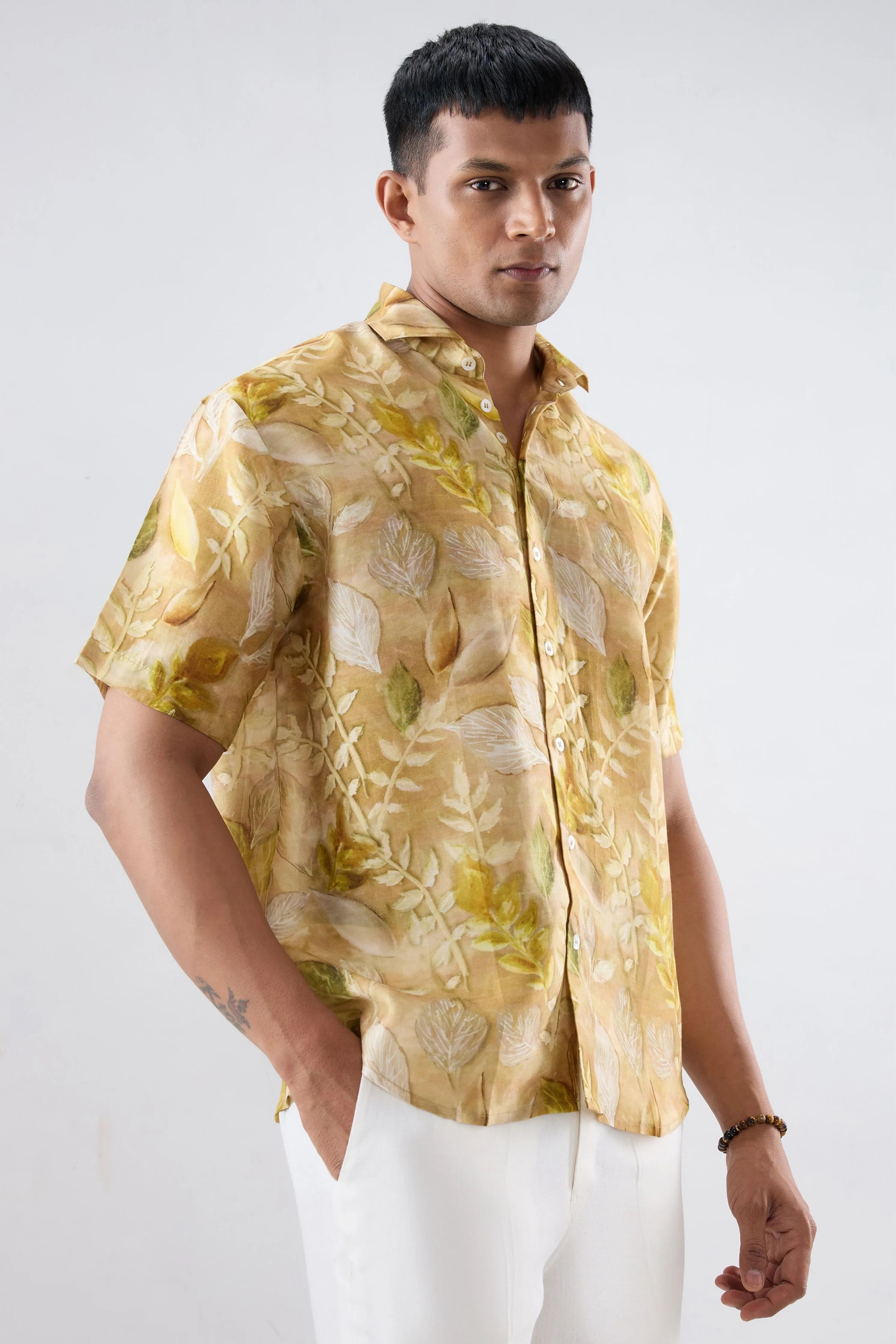 Yellow Leaf Ecoprint Cutback Collar Shirt