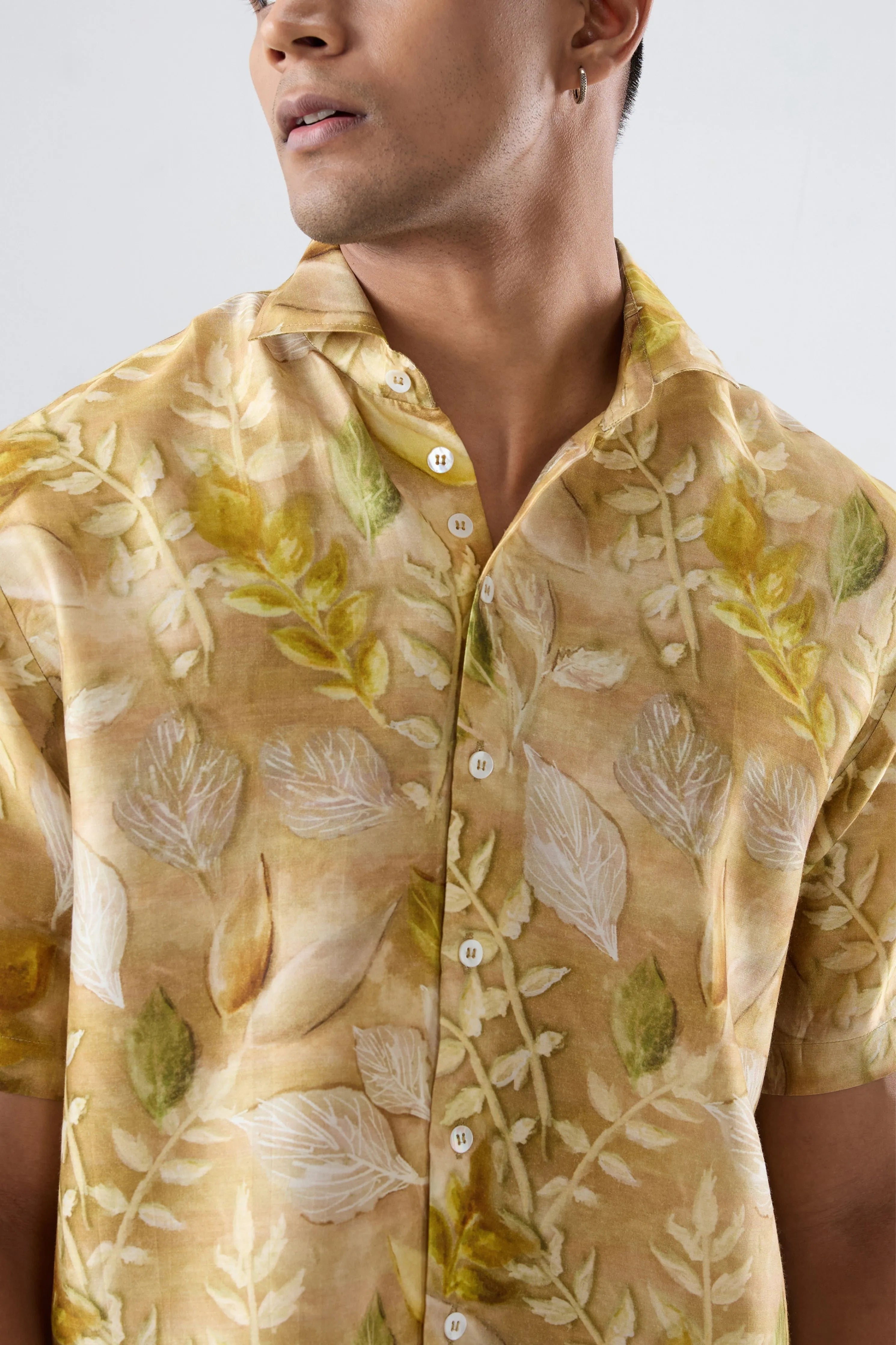 Yellow Leaf Ecoprint Cutback Collar Shirt