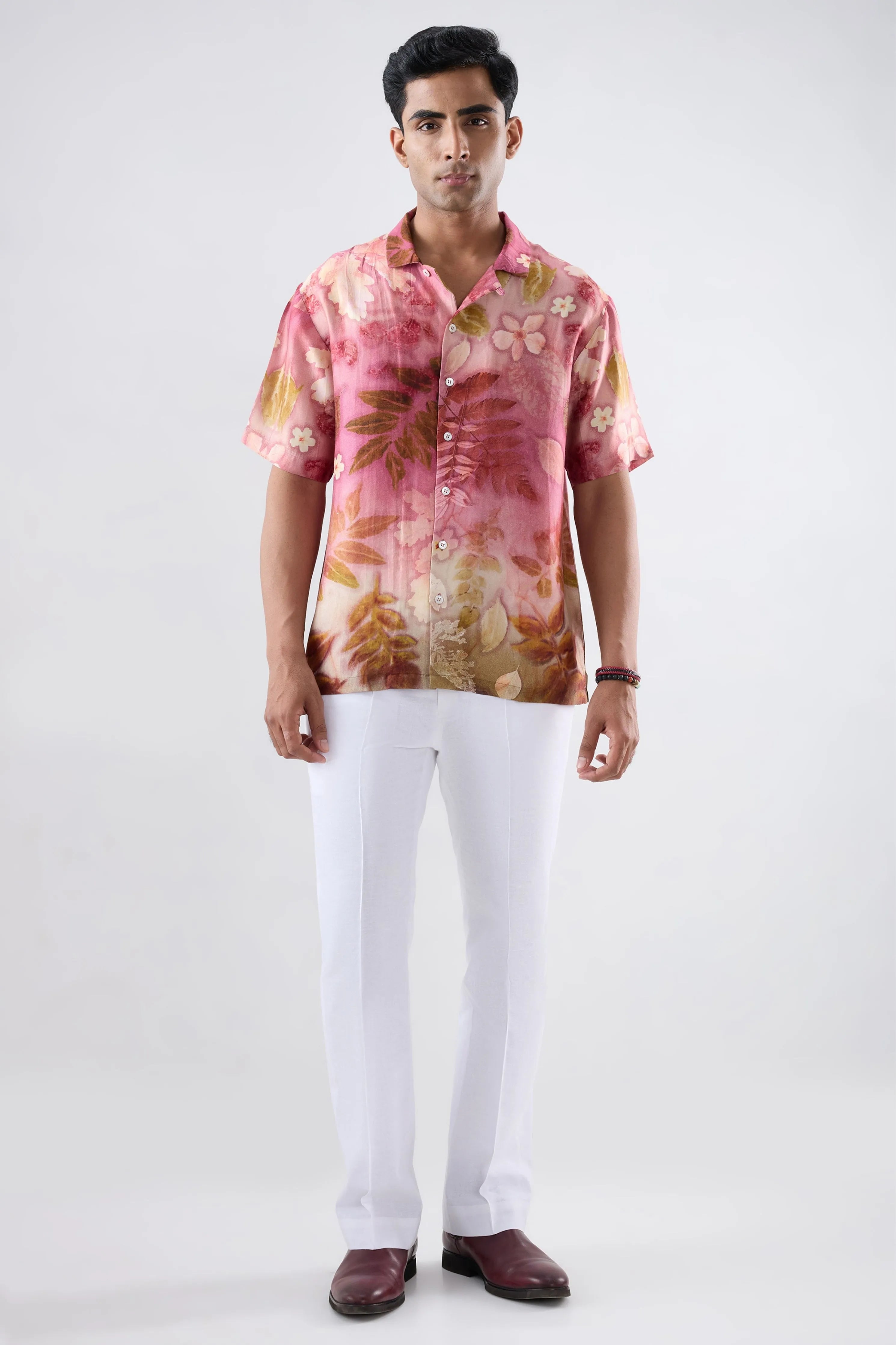 Pink Leaf Ecoprint Cutback Collar Shirt