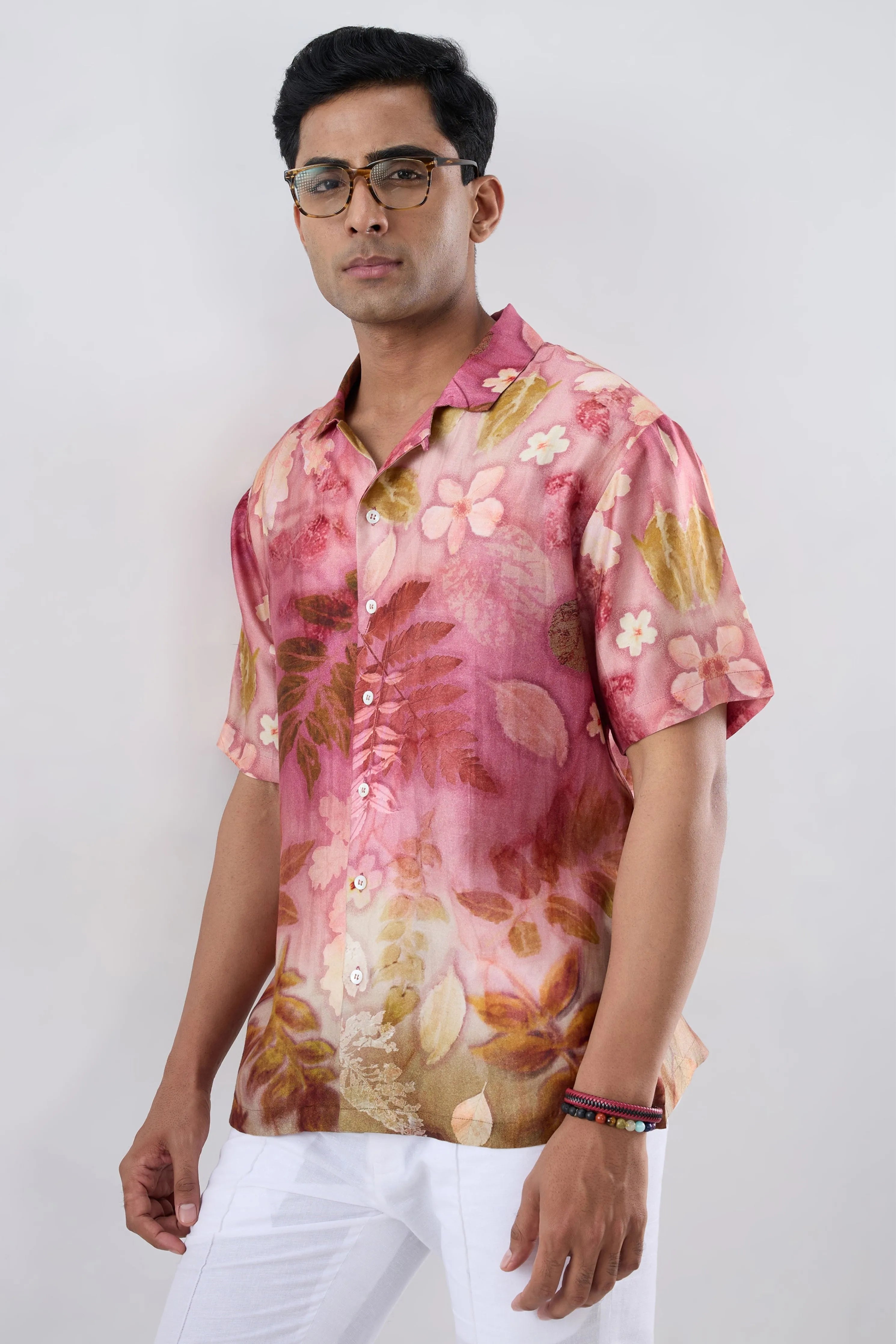 Pink Leaf Ecoprint Cutback Collar Shirt