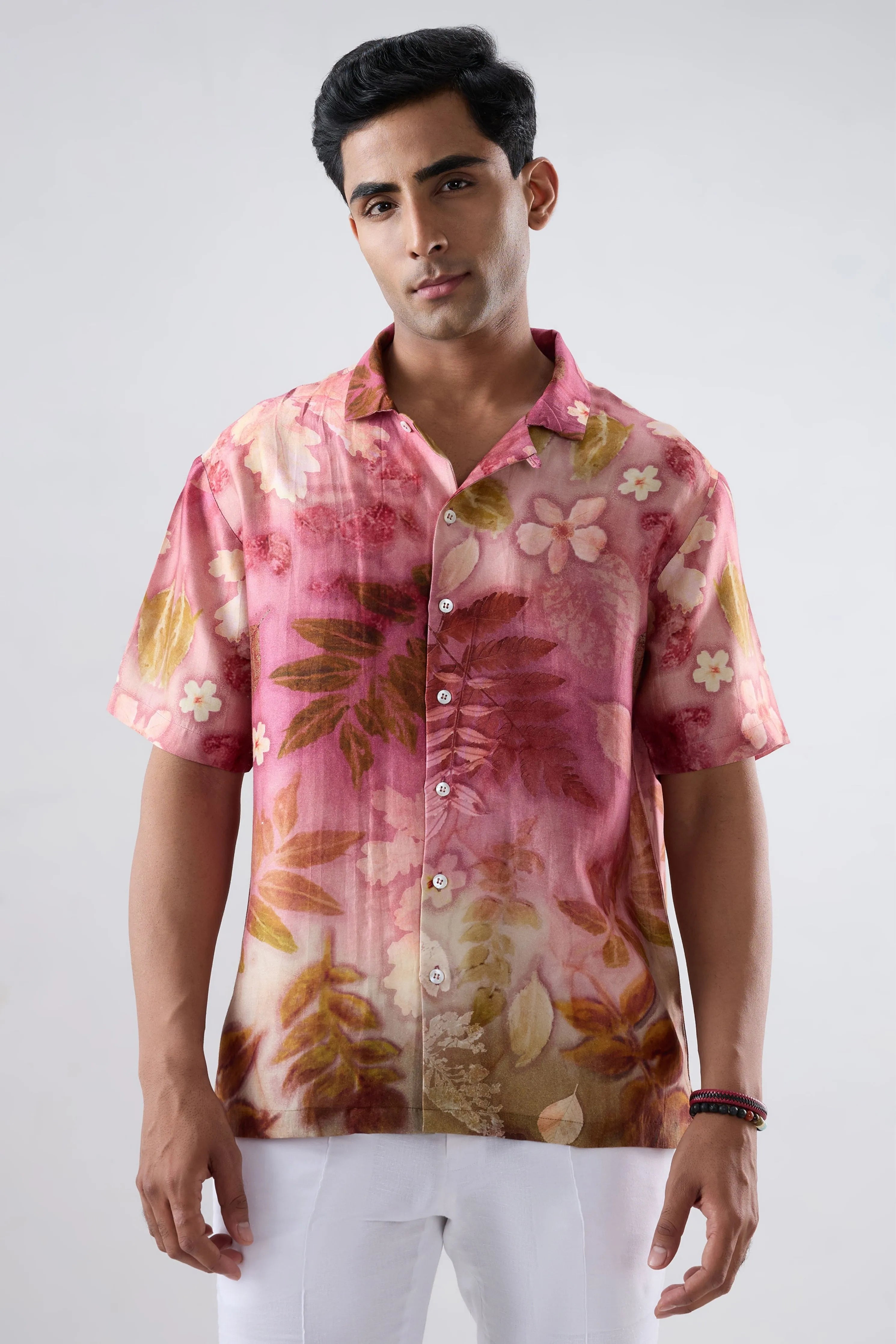 Pink Leaf Ecoprint Cutback Collar Shirt