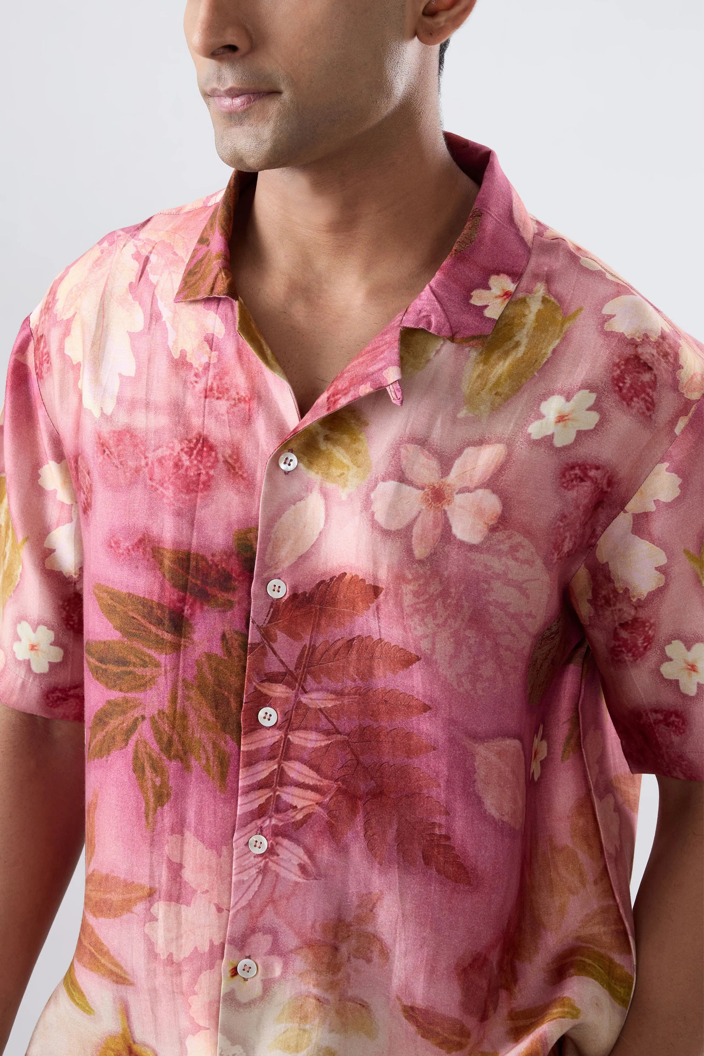 Pink Leaf Ecoprint Cutback Collar Shirt