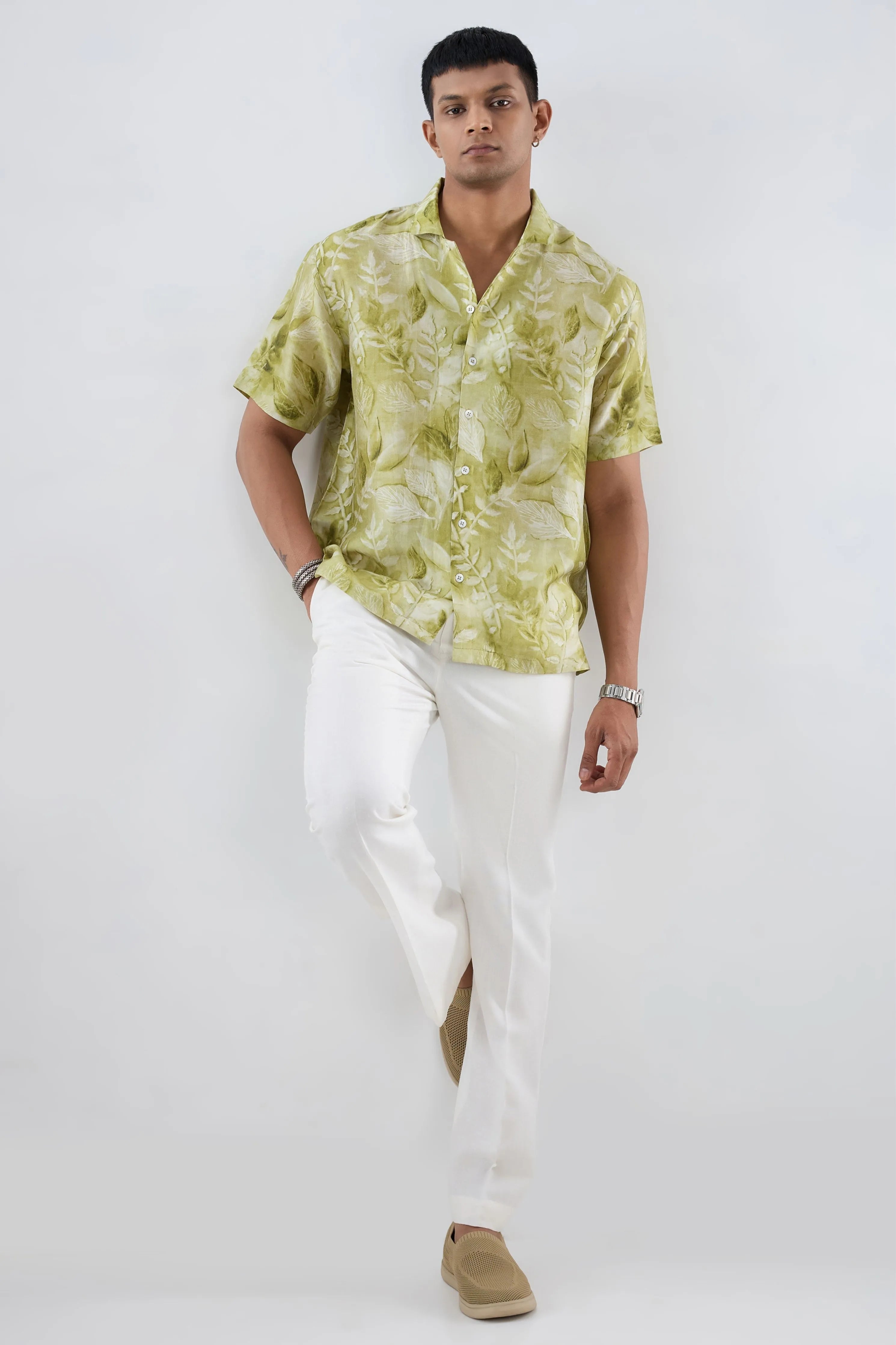 Green Leaf Ecoprint Cuban Collar Shirt