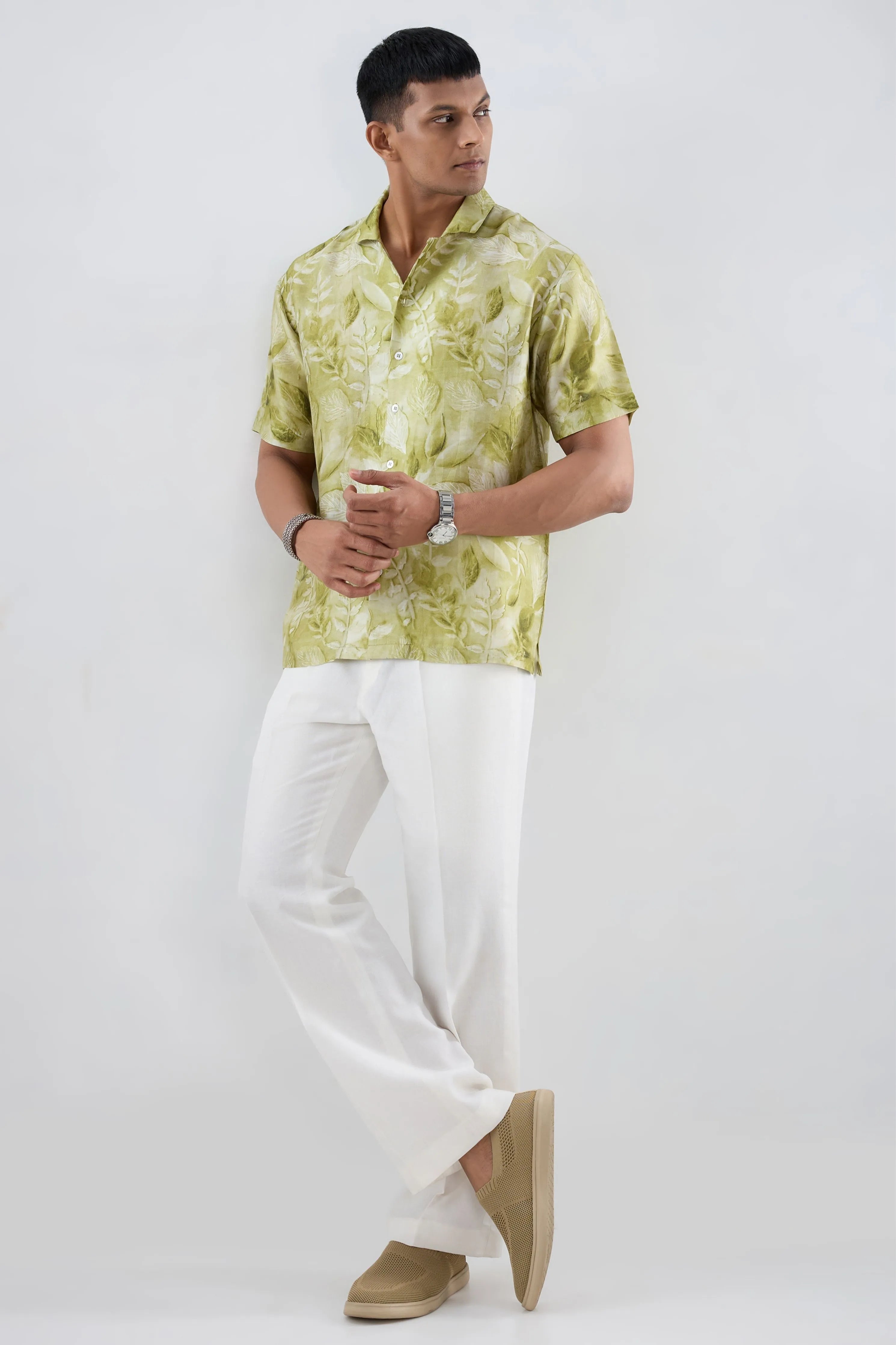 Green Leaf Ecoprint Cuban Collar Shirt