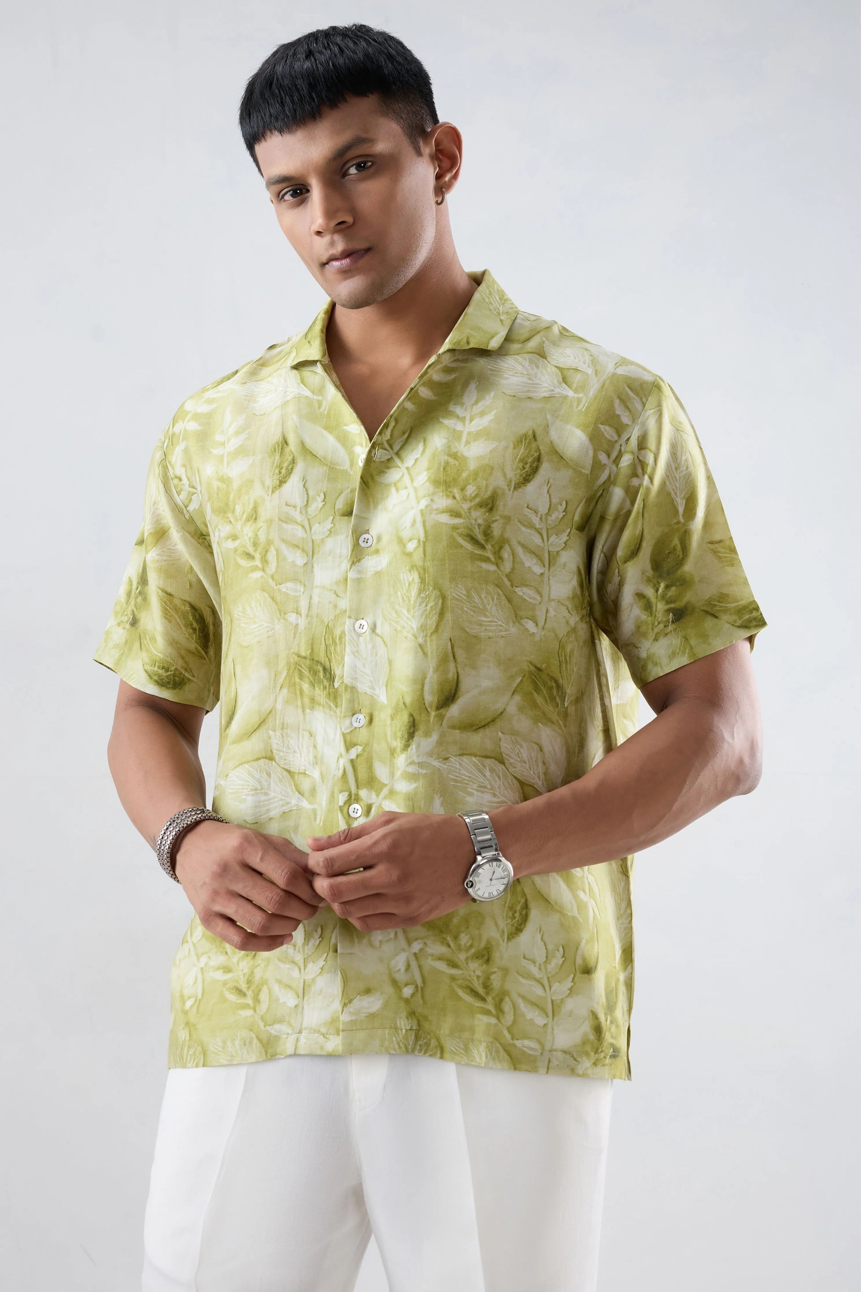 Green Leaf Ecoprint Cuban Collar Shirt